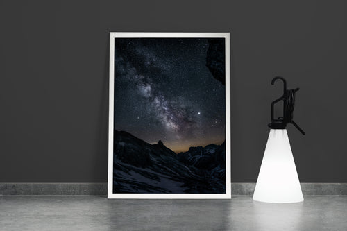 a stunning photograph of the milky way galaxy over a dark, snowy mountain range, abstract, art, kanvas tablo