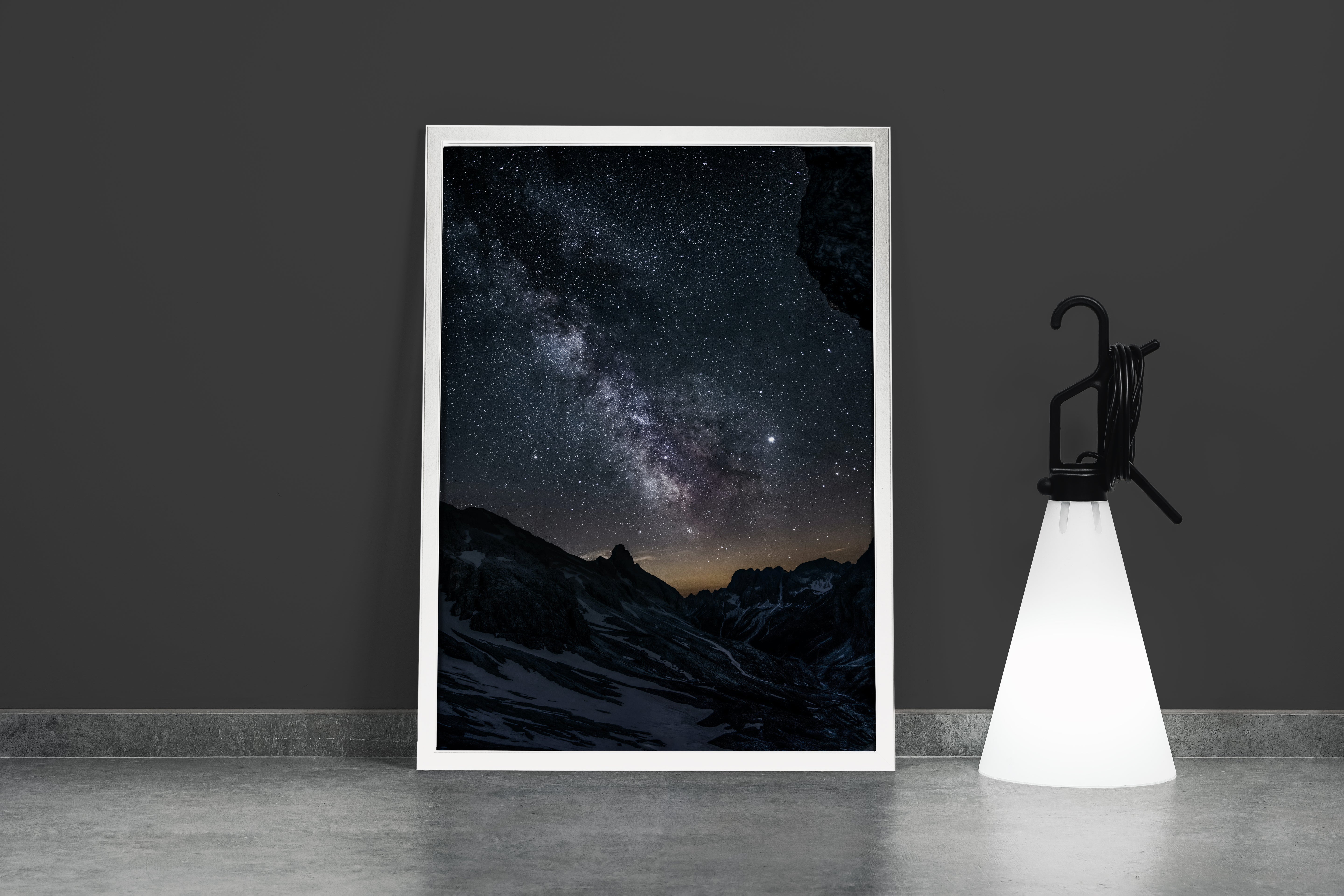 a stunning photograph of the milky way galaxy over a dark, snowy mountain range, abstract, art, kanvas tablo