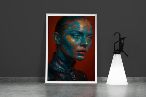 ai creation, a womans face with turquoise and gold artistic paint, ai art, art, kanvas tablo