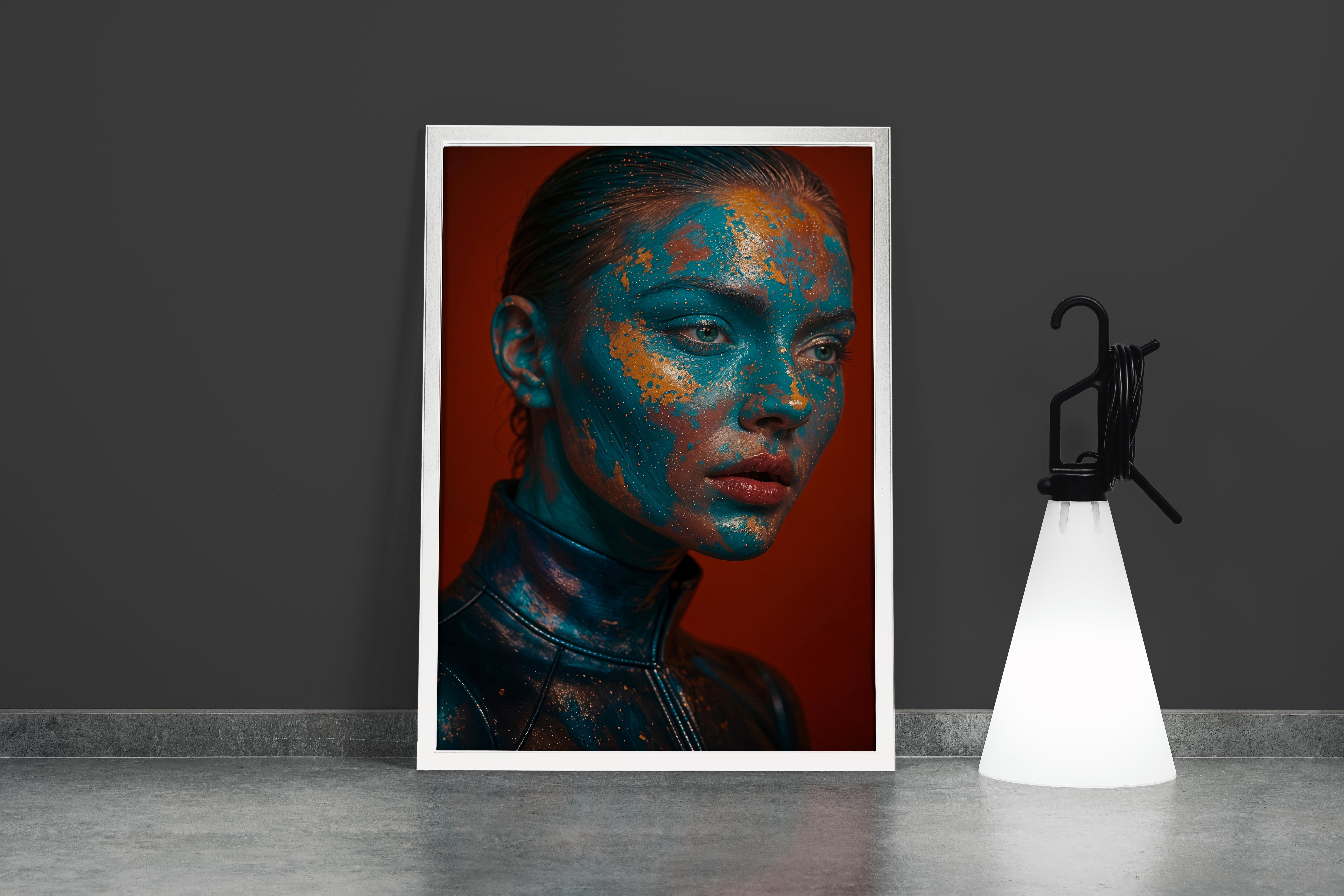 ai creation, a womans face with turquoise and gold artistic paint, ai art, art, kanvas tablo
