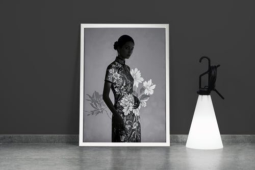 ai creation, asian flowers and asian women, grayscale, ai art, art, kanvas tablo