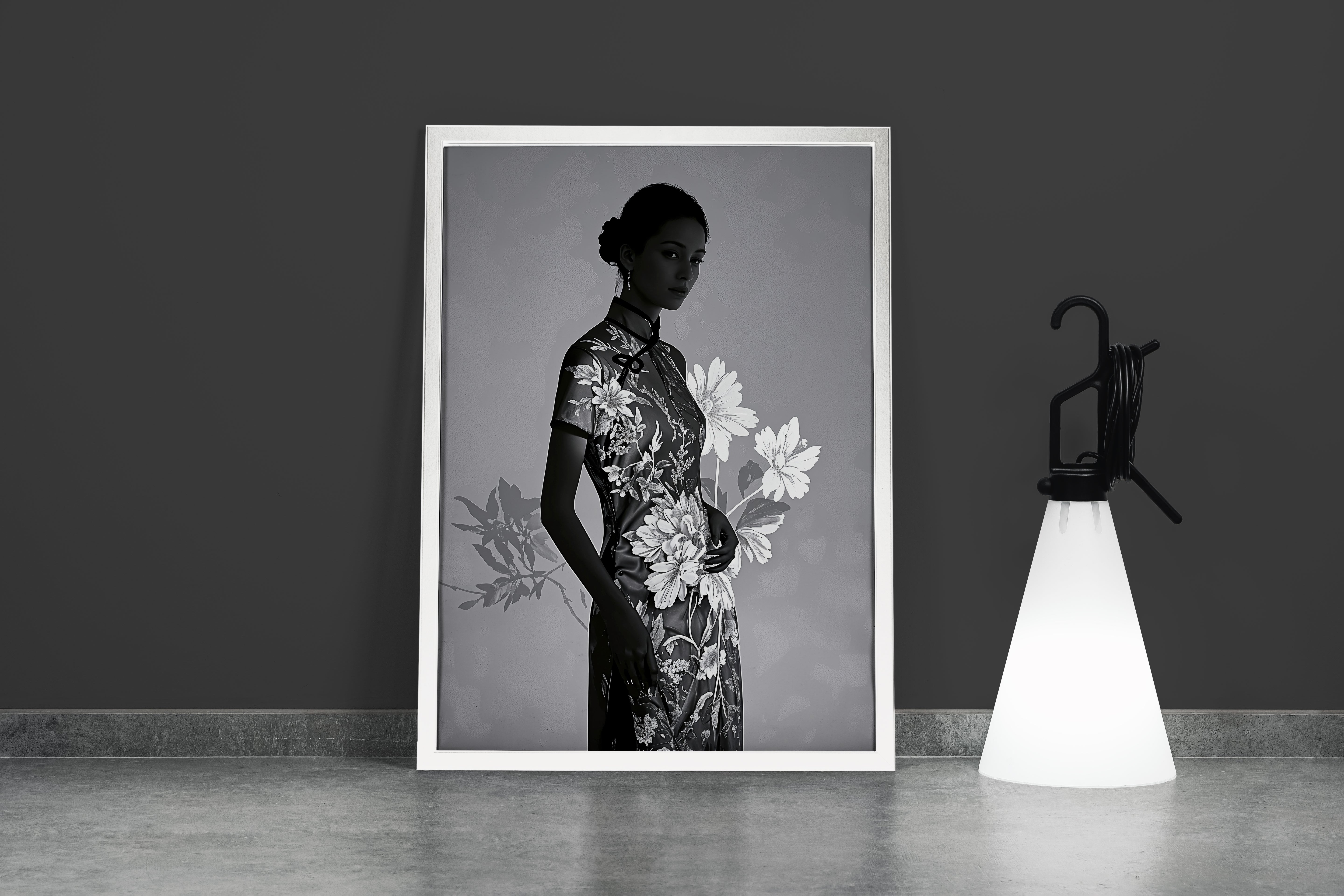ai creation, asian flowers and asian women, grayscale, ai art, art, kanvas tablo