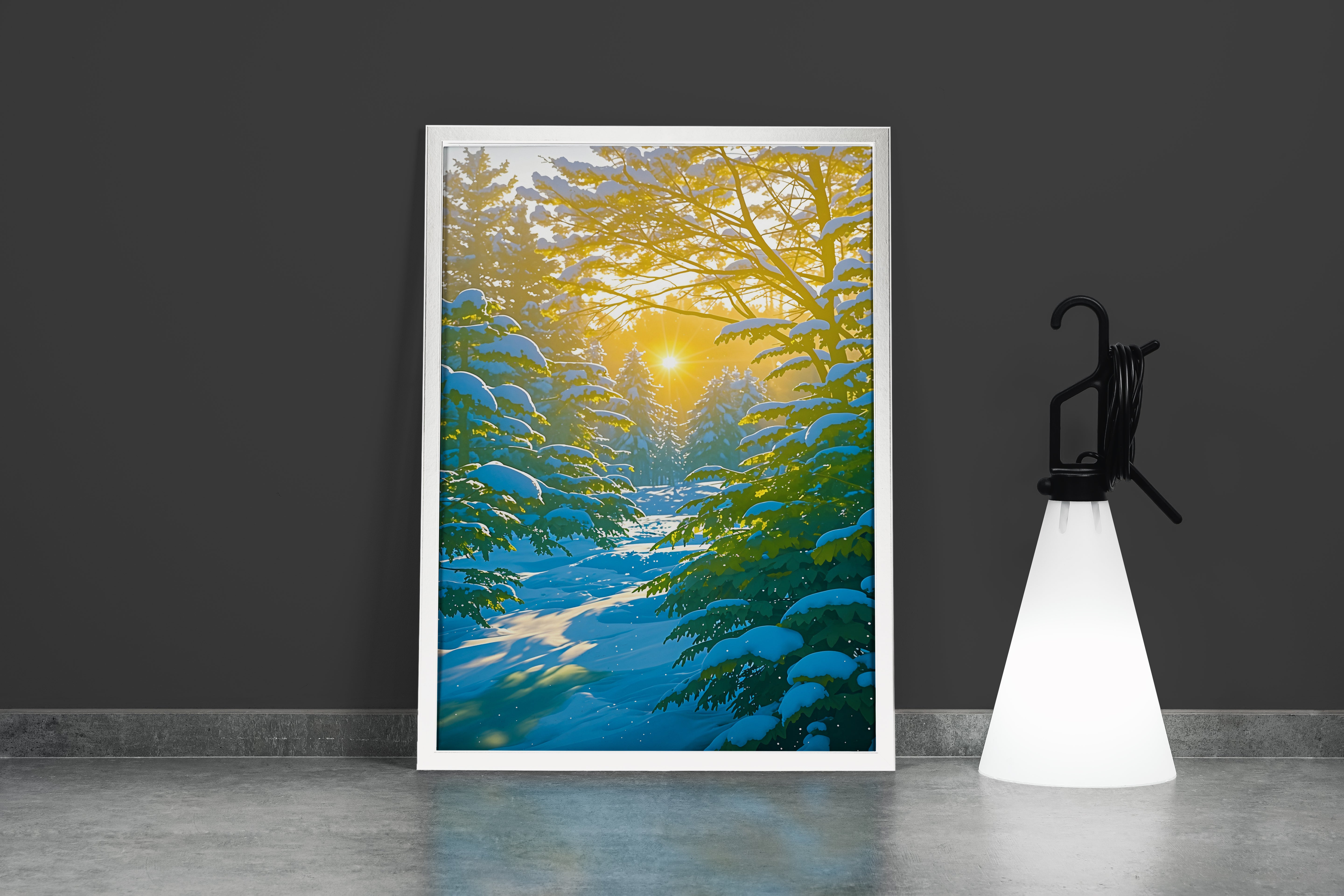 ai creation, sun filtering through the snow covered forest, ai art, art, kanvas tablo