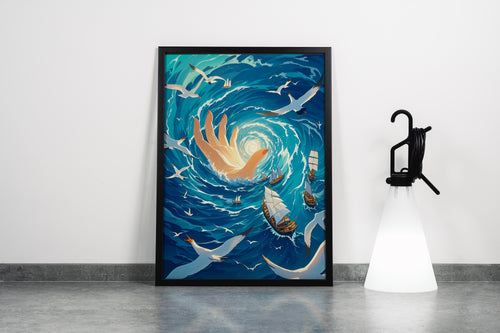 ai creation, a giant glowing hand creating a whirlpool in the sea with ships, ai art, art, kanvas tablo