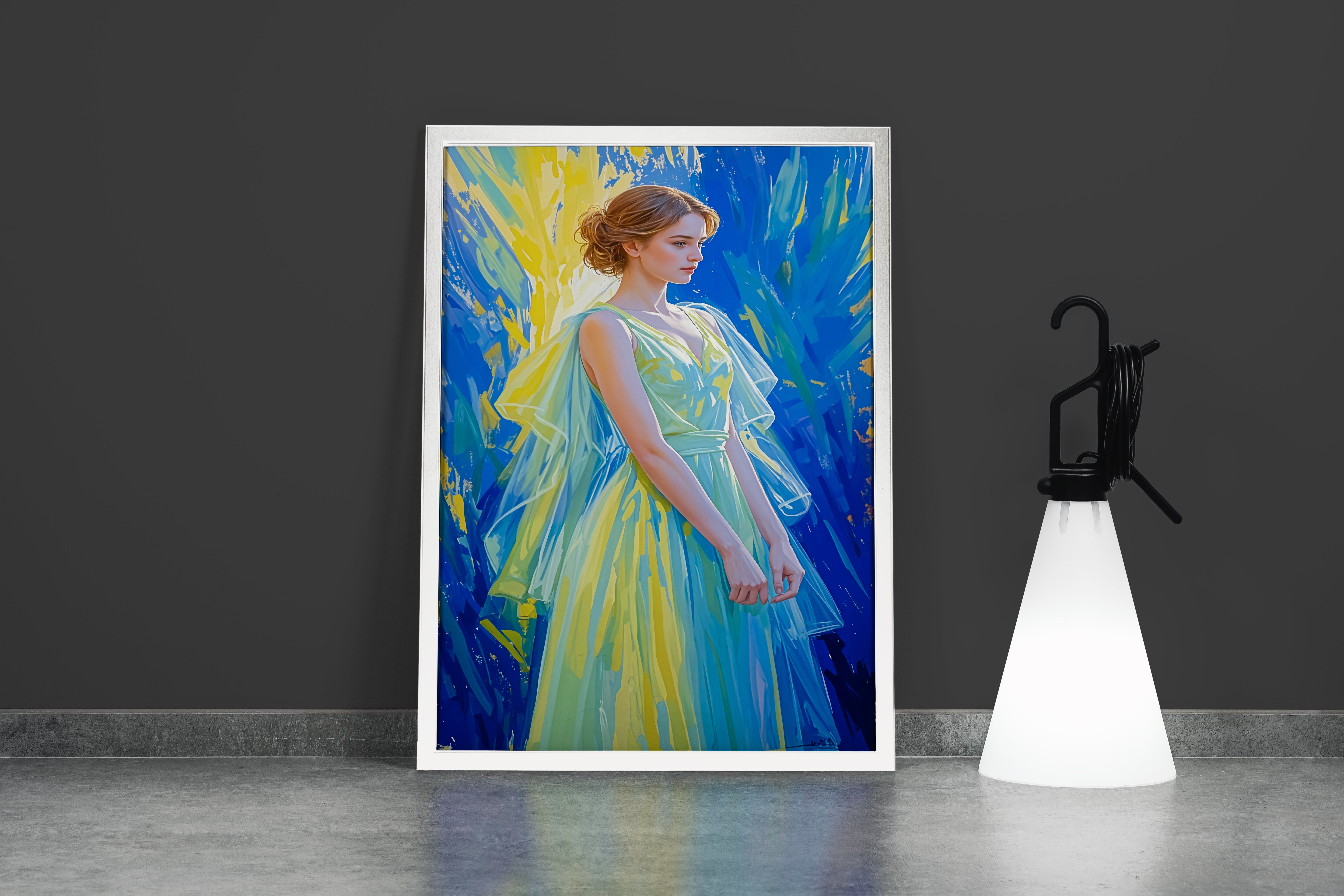 ai creation, woman in blue and yellow tones dress in oil painting style, ai art, art, kanvas tablo