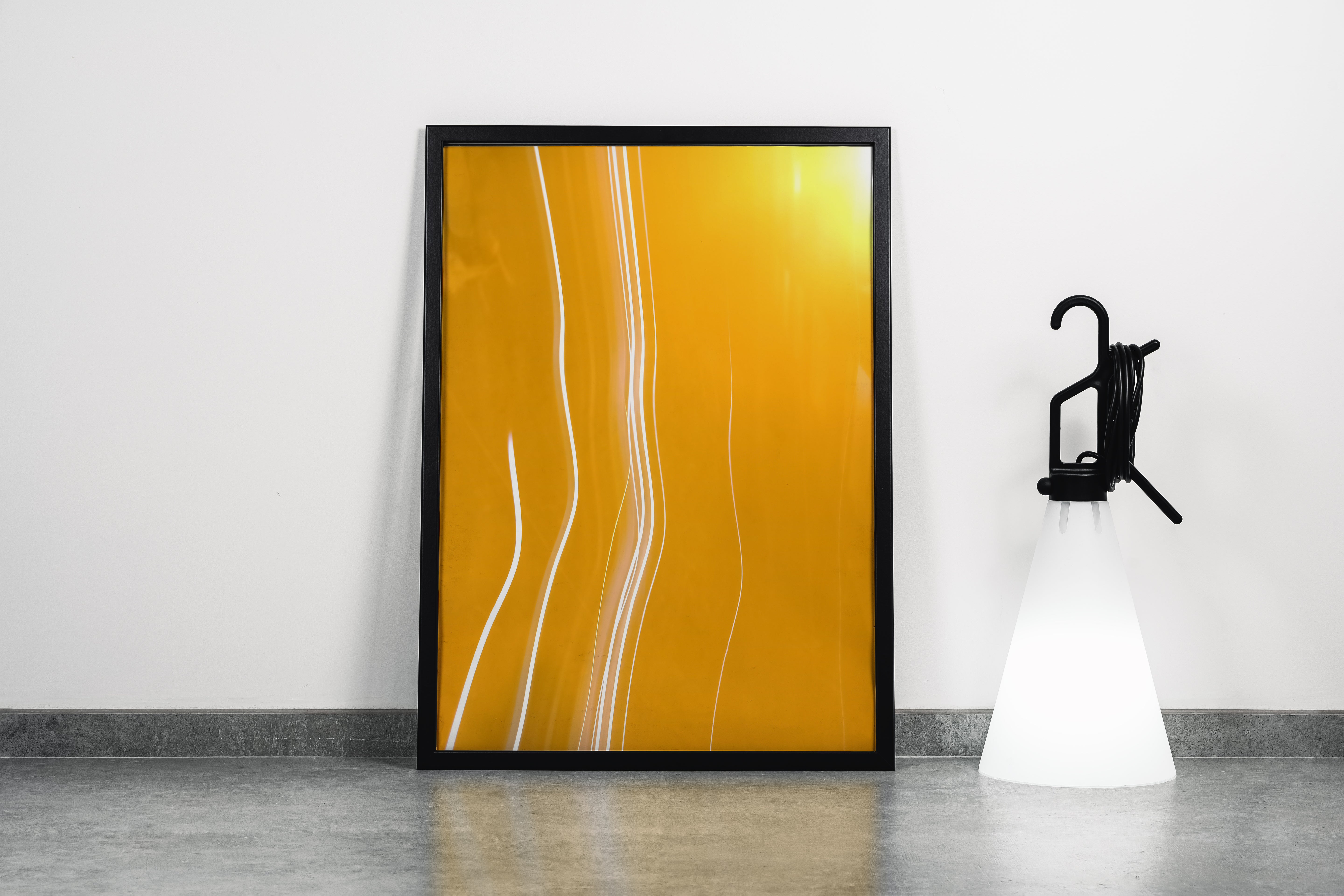 an abstract long exposure photograph with white light trails against a vibrant orange background, abstract, art, kanvas tablo