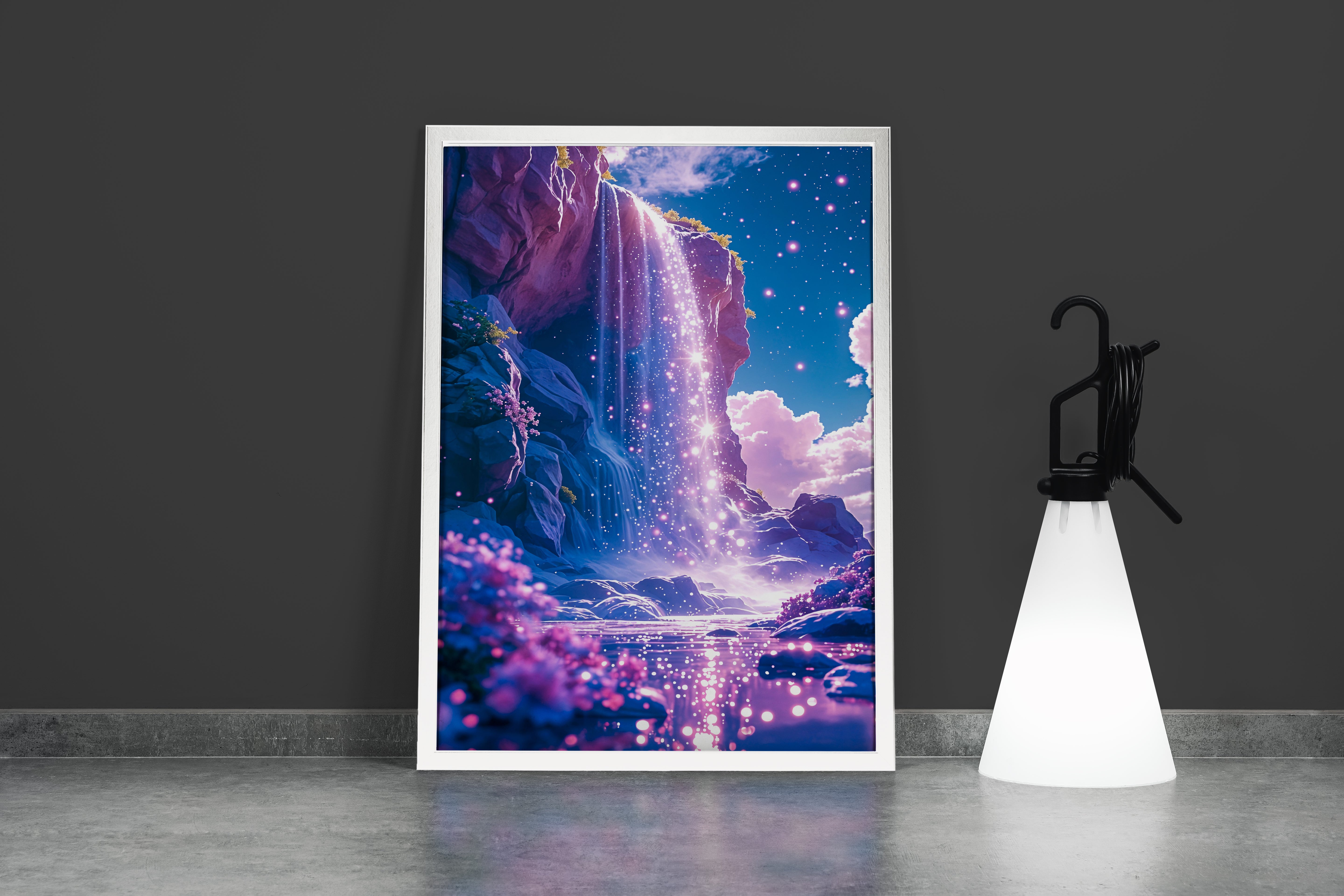 ai creation, purple waterfall with stars flowing, purple and its shades themed, ai art, art, kanvas tablo