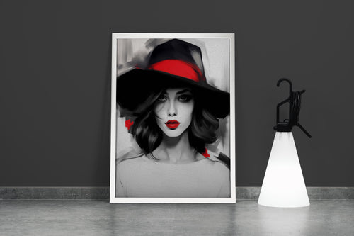 a black and white painting of a woman with selective red lips and hatband, art, kanvas tablo