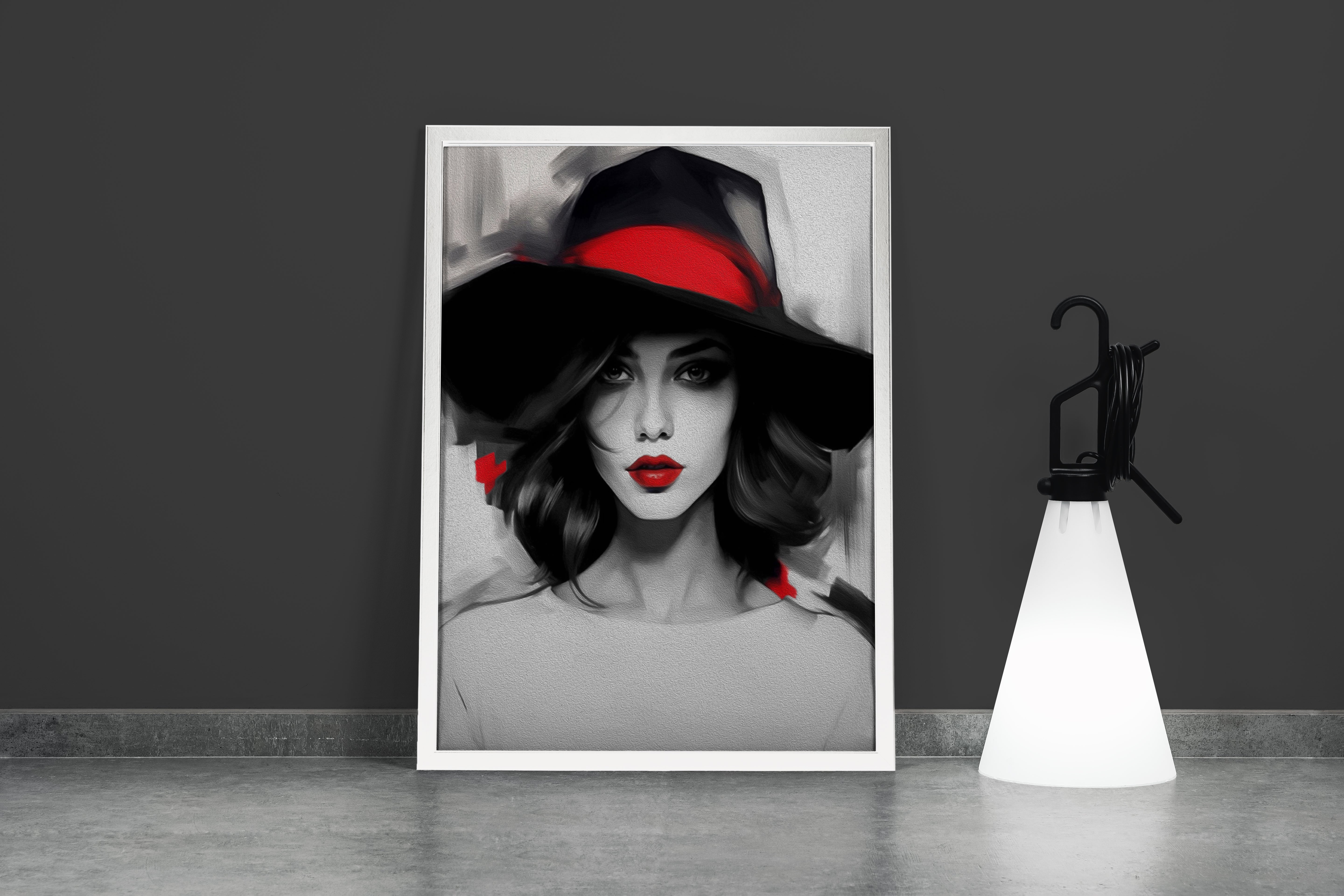 a black and white painting of a woman with selective red lips and hatband, art, kanvas tablo
