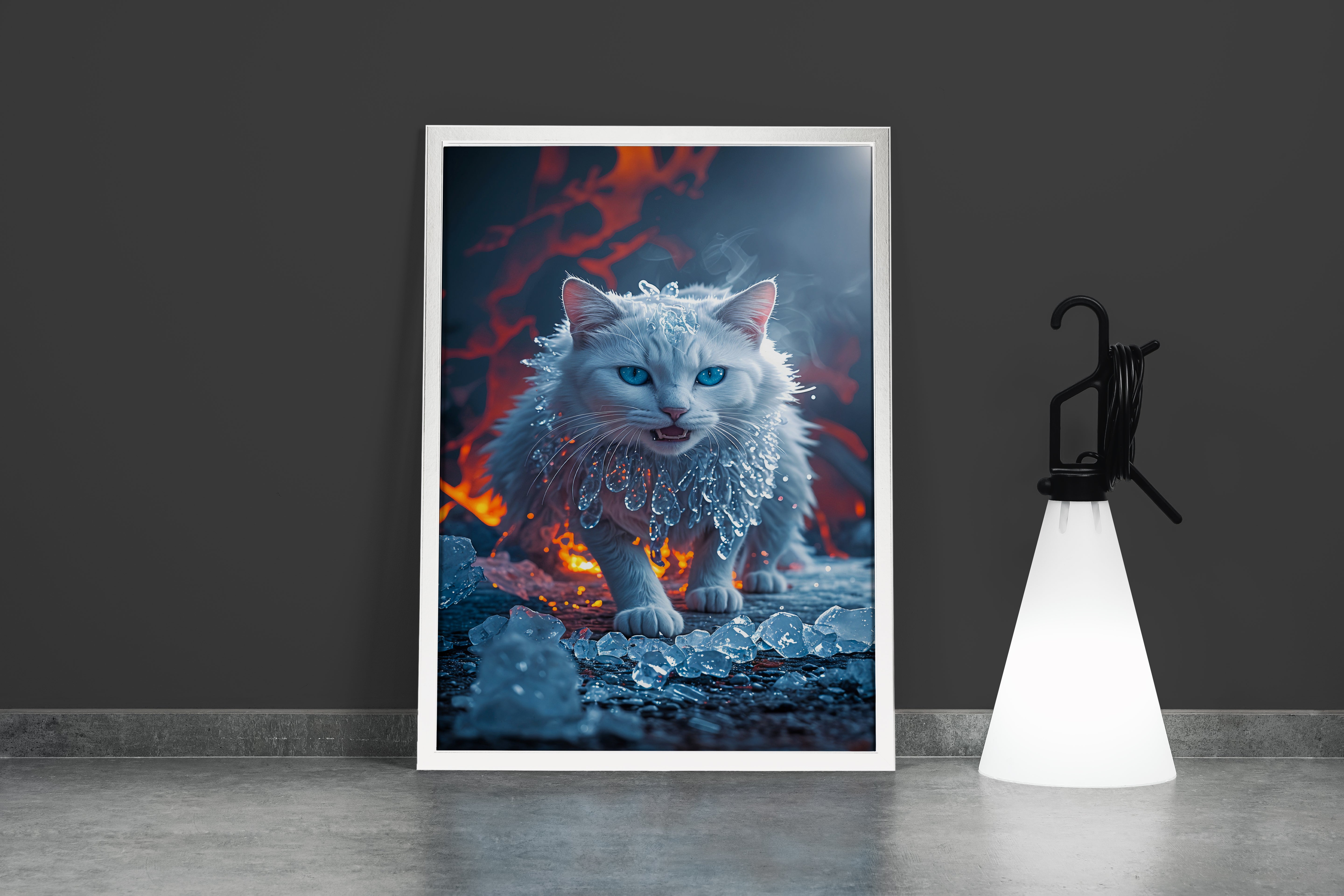 ai creation, white cat wrapped in ice, pet, ai art, art, kanvas tablo