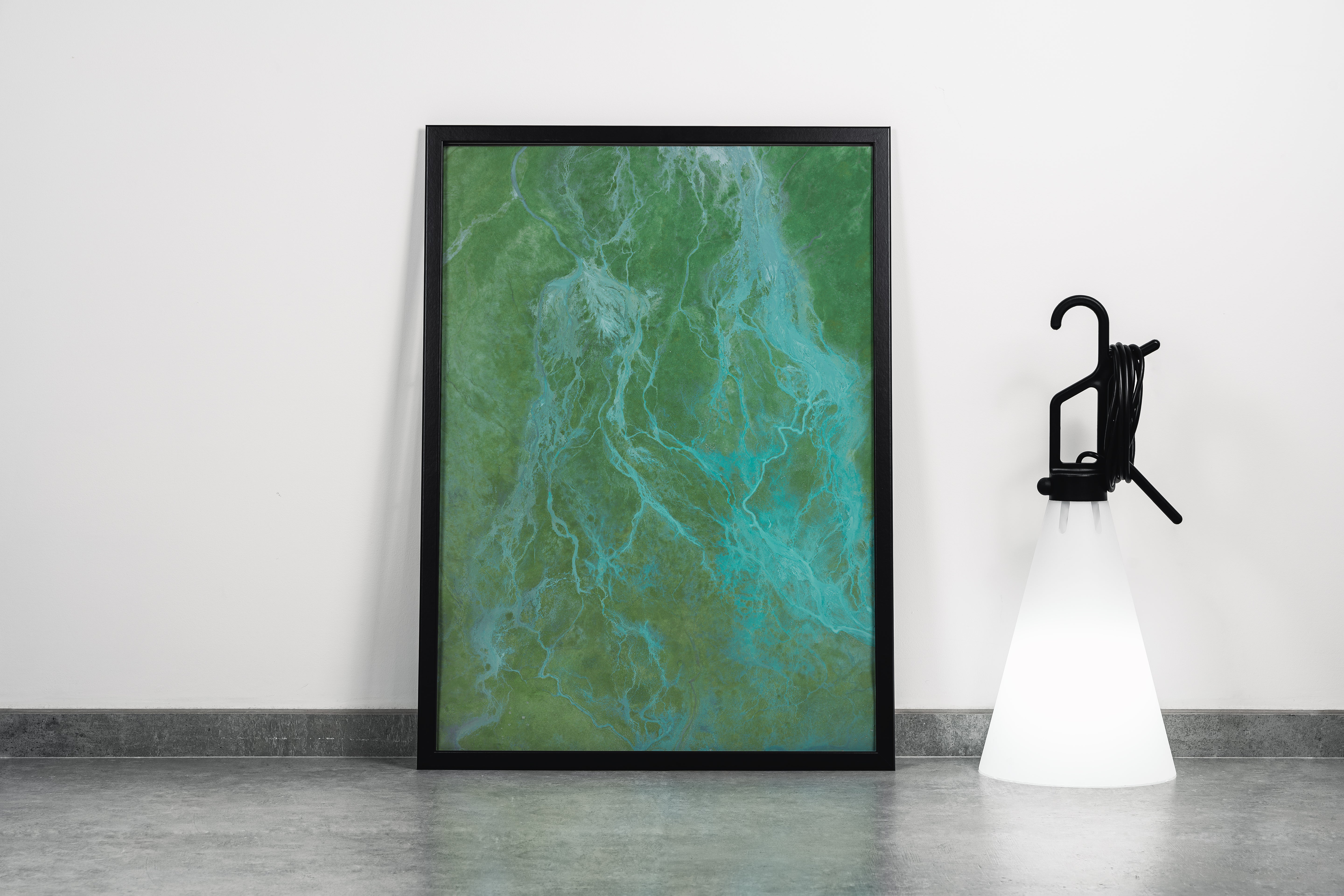 an aerial top-down view of a turquoise glacial river delta in a green landscape, abstract, art, kanvas tablo