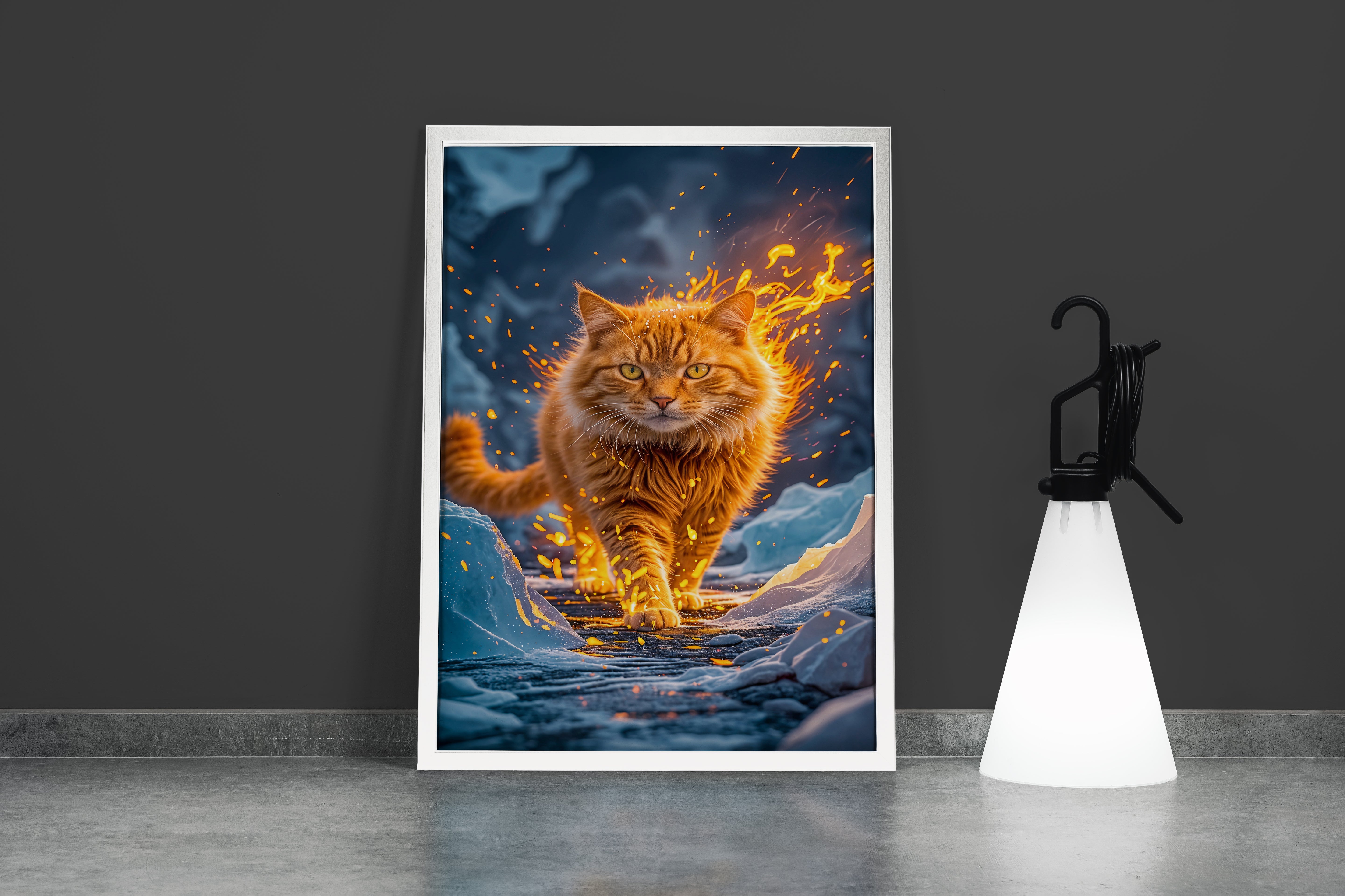 ai creation, orange cat wrapped in fire, pet, ai art, art, kanvas tablo