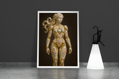 ai creation, an ornate rococo automaton of porcelain and gold, painted with delicate flowers, ai art, art, kanvas tablo