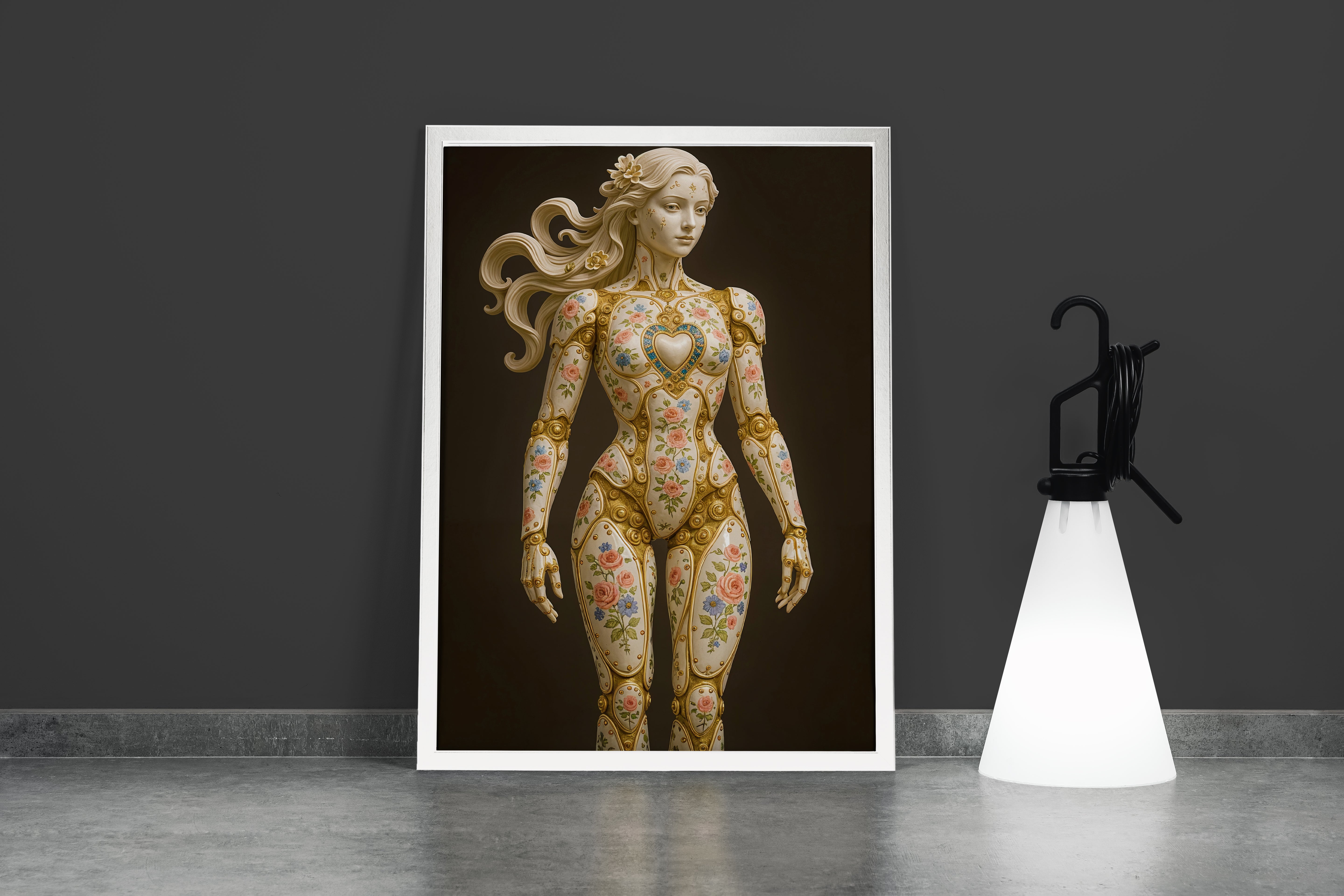 ai creation, an ornate rococo automaton of porcelain and gold, painted with delicate flowers, ai art, art, kanvas tablo