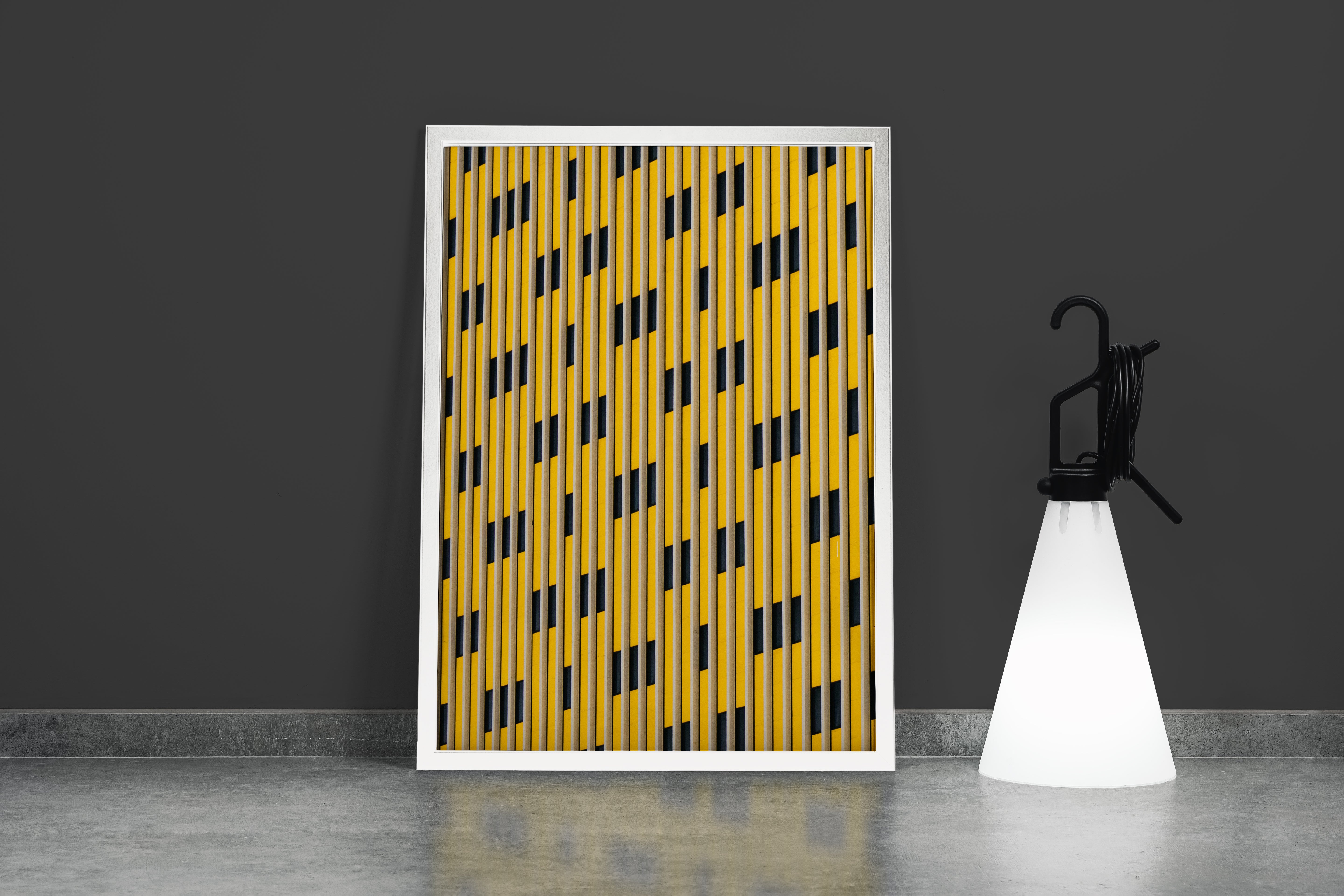 a striking architectural pattern of yellow and black vertical lines creating a rhythmic facade, abstract, art, kanvas tablo