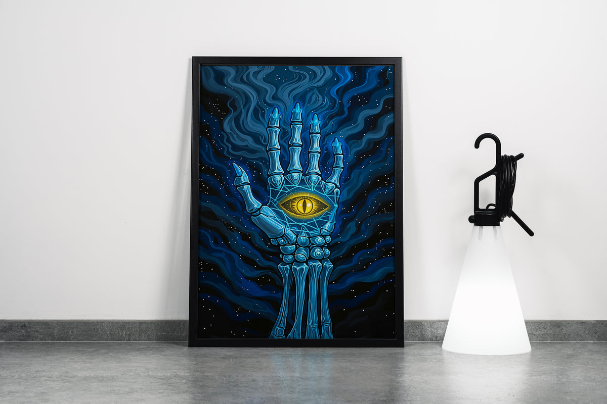 ai creation, the eye sign on the skeleton hand, art, kanvas tablo