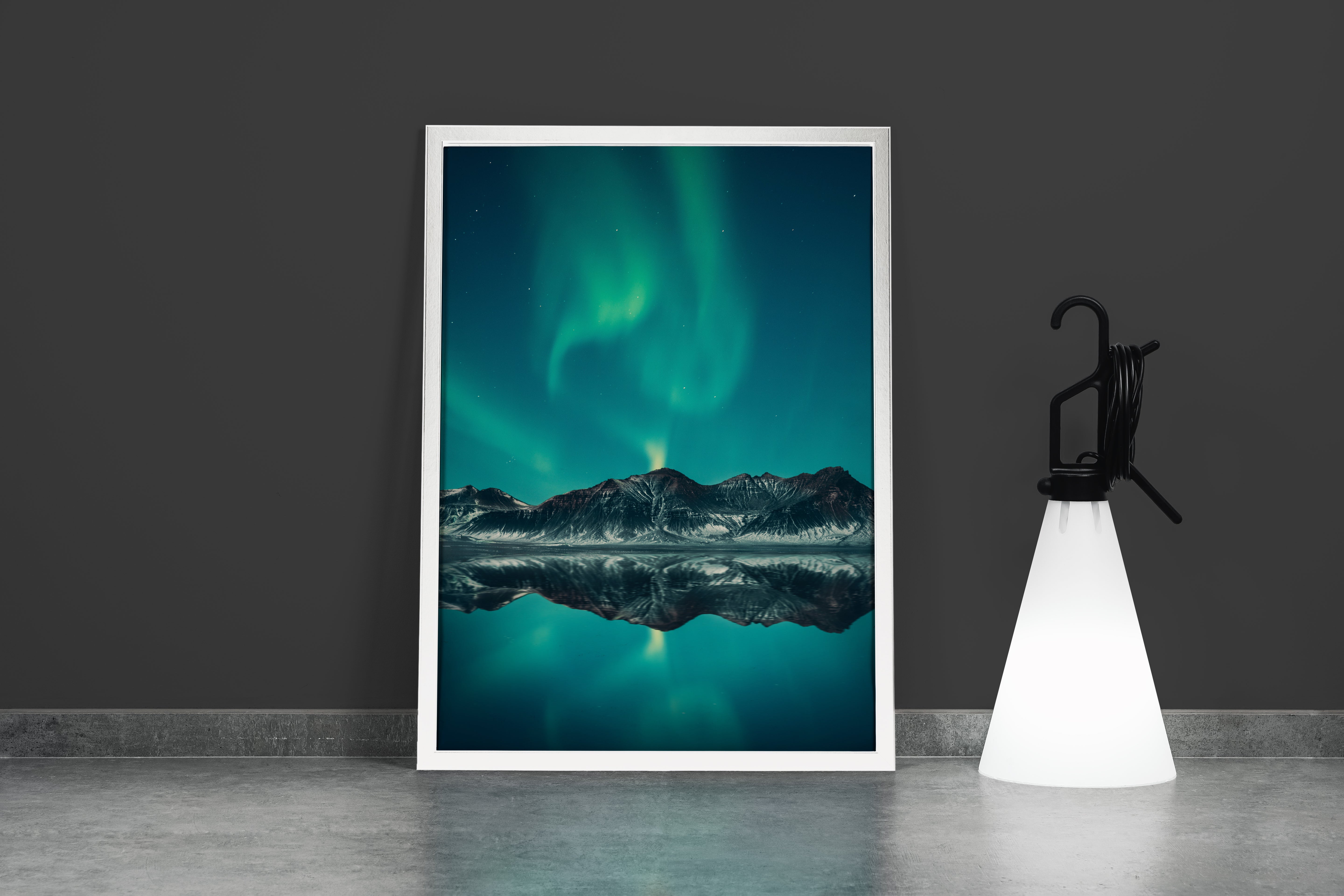a green aurora dancing over mountains, perfectly reflected in a still lake, art, kanvas tablo