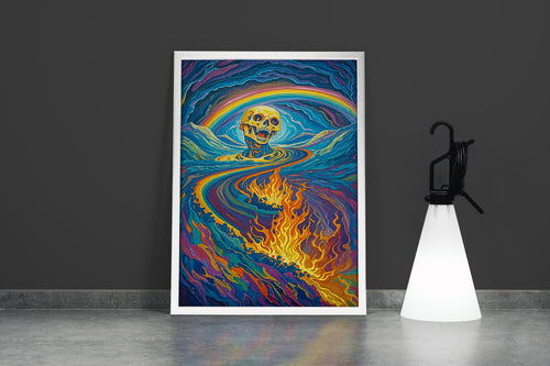 ai creation, skeleton engulfed in rainbow colored flames, ai art, art, kanvas tablo
