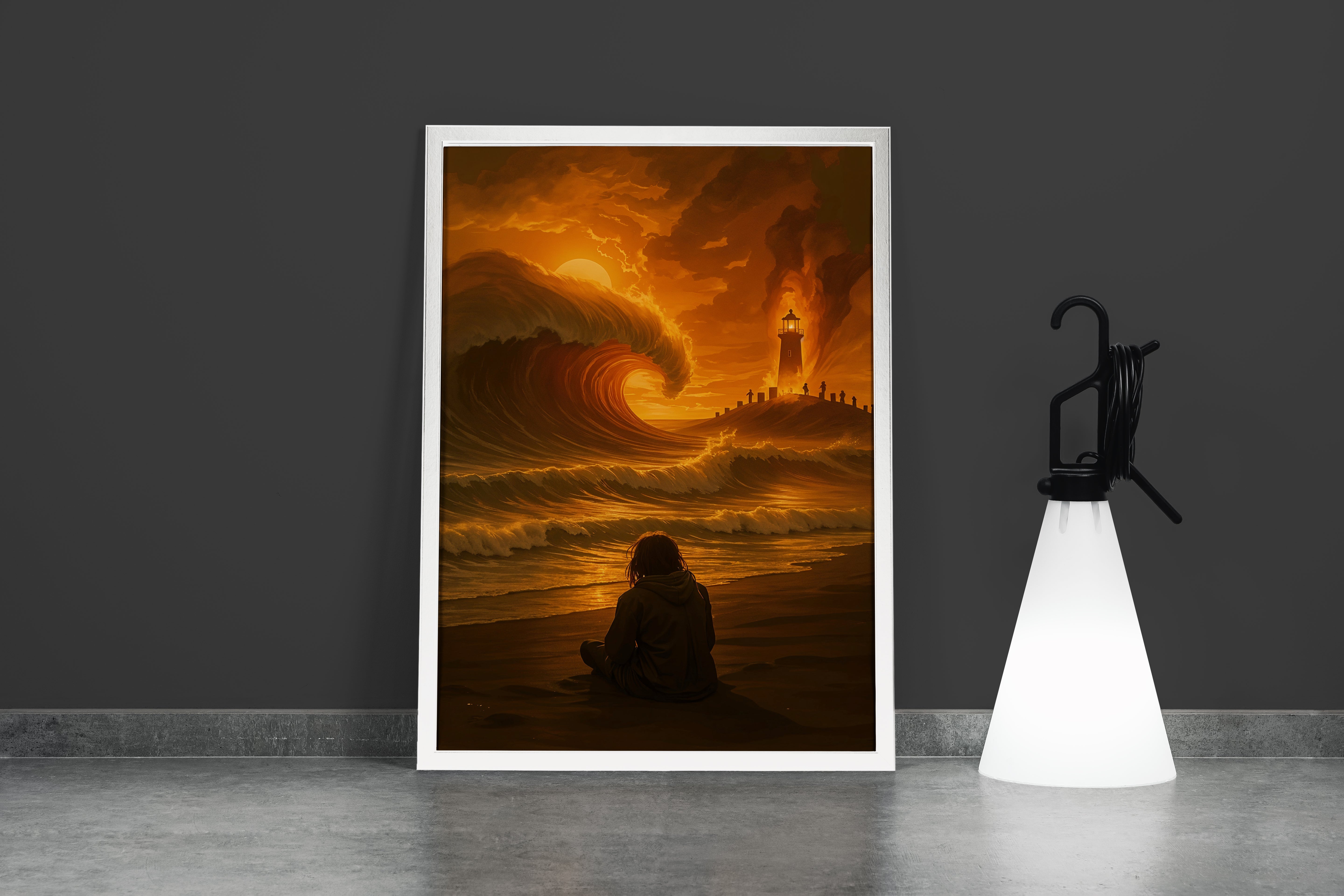 ai creation, girl watching giant waves crashing onto the beach fire themed, ai art, art, kanvas tablo