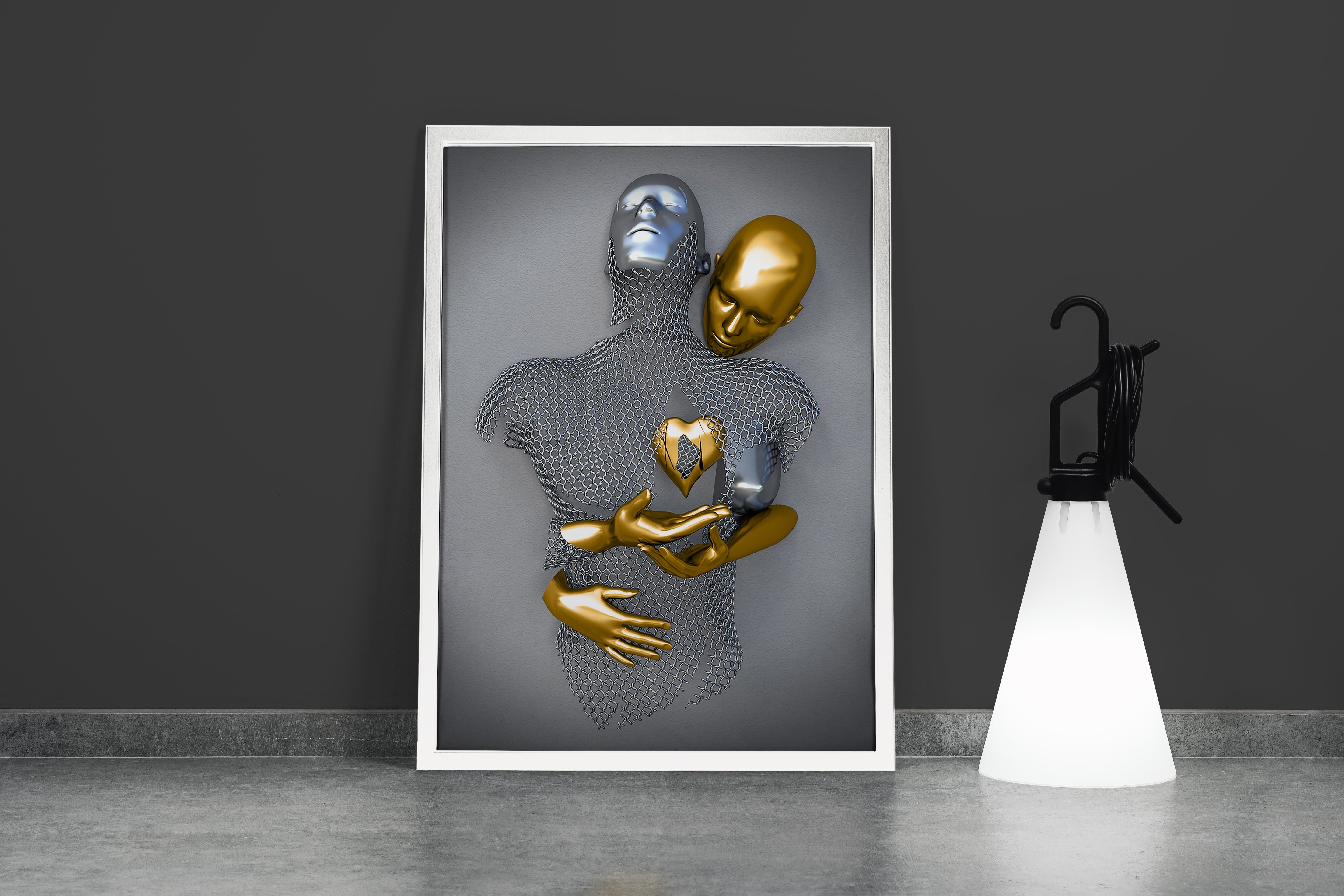 a golden figure places a heart into a silver chainmail figure they're embracing model 2, art, kanvas tablo
