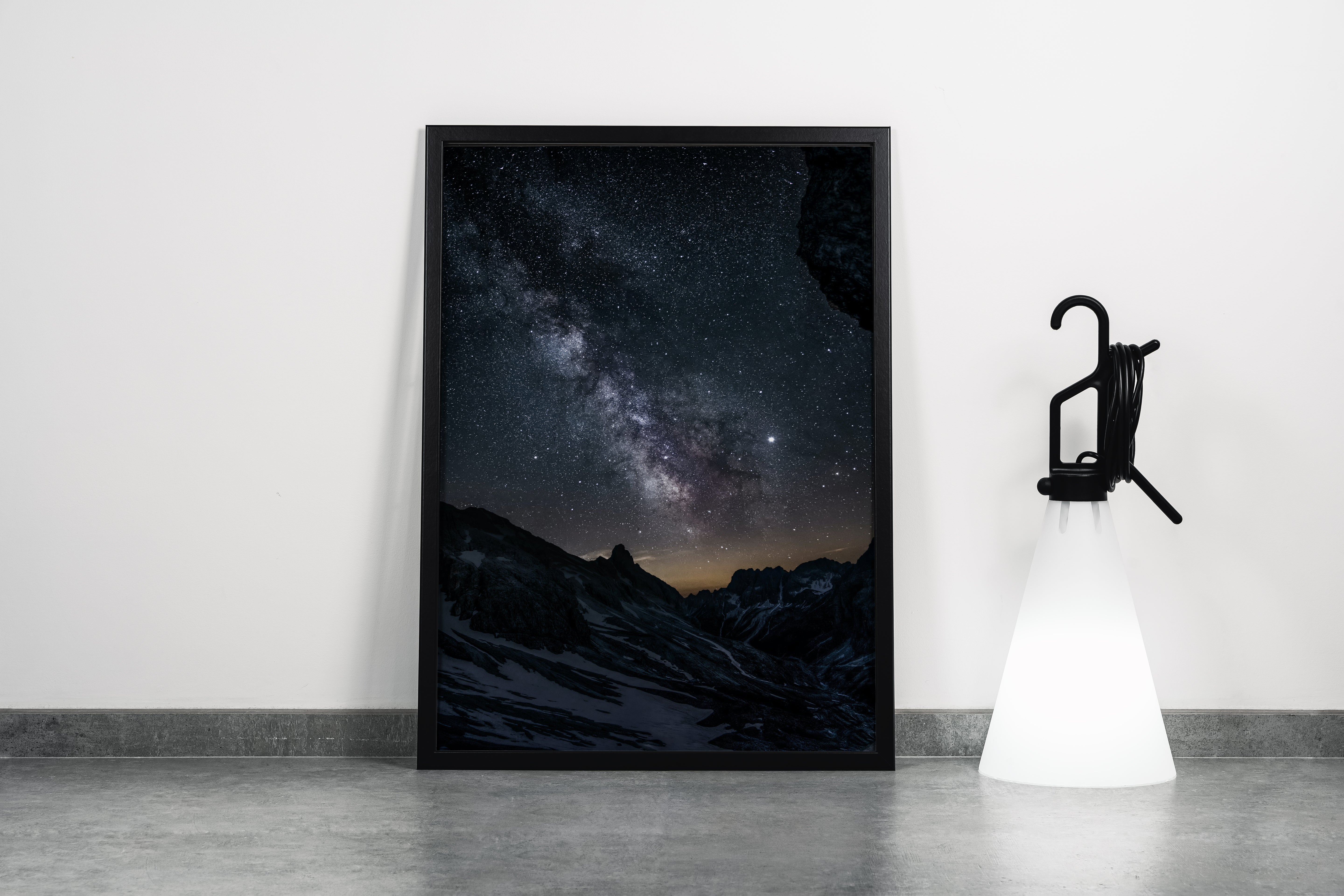 a stunning photograph of the milky way galaxy over a dark, snowy mountain range, abstract, art, kanvas tablo