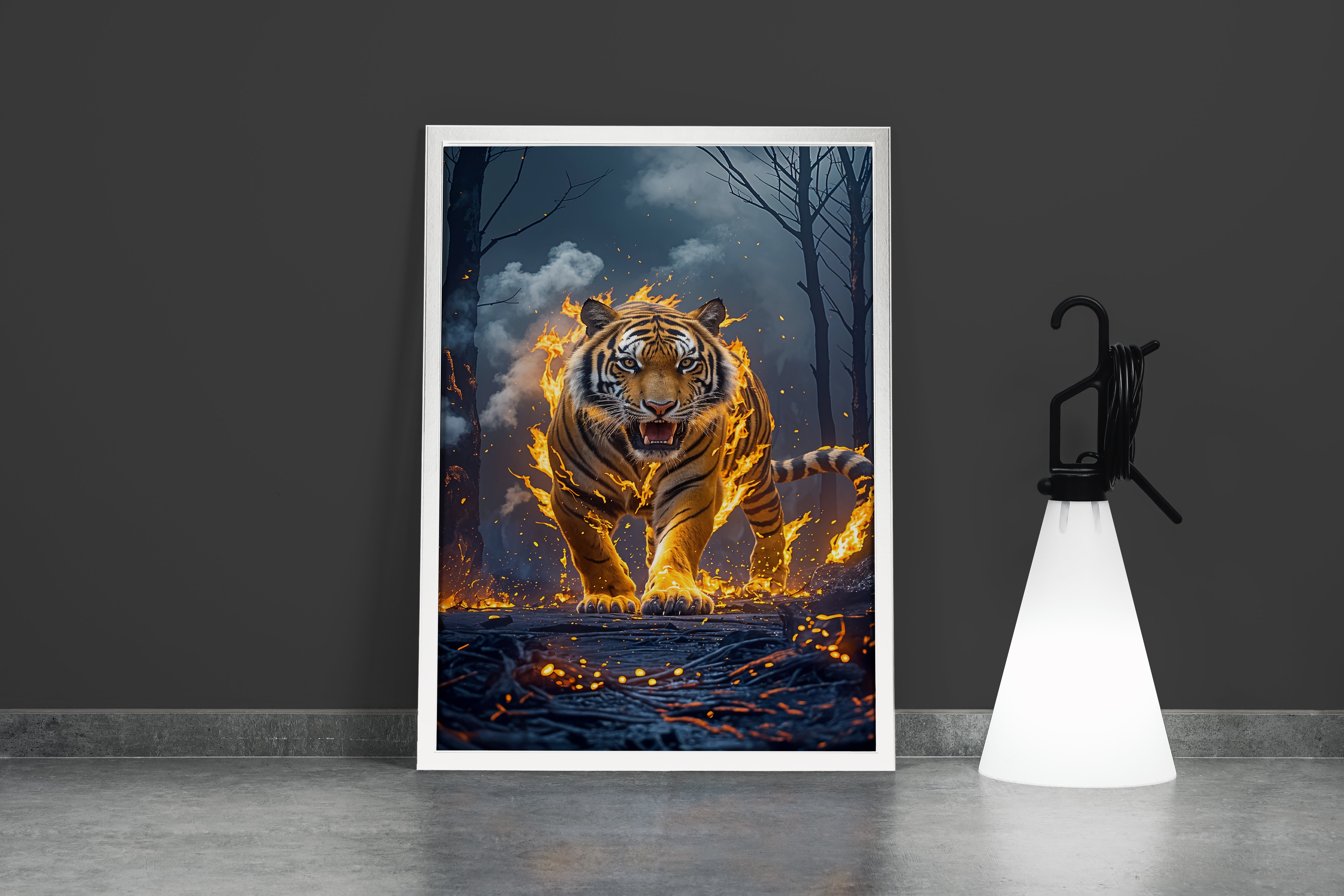 ai creation, tiger in flames, pet, ai art, art, kanvas tablo