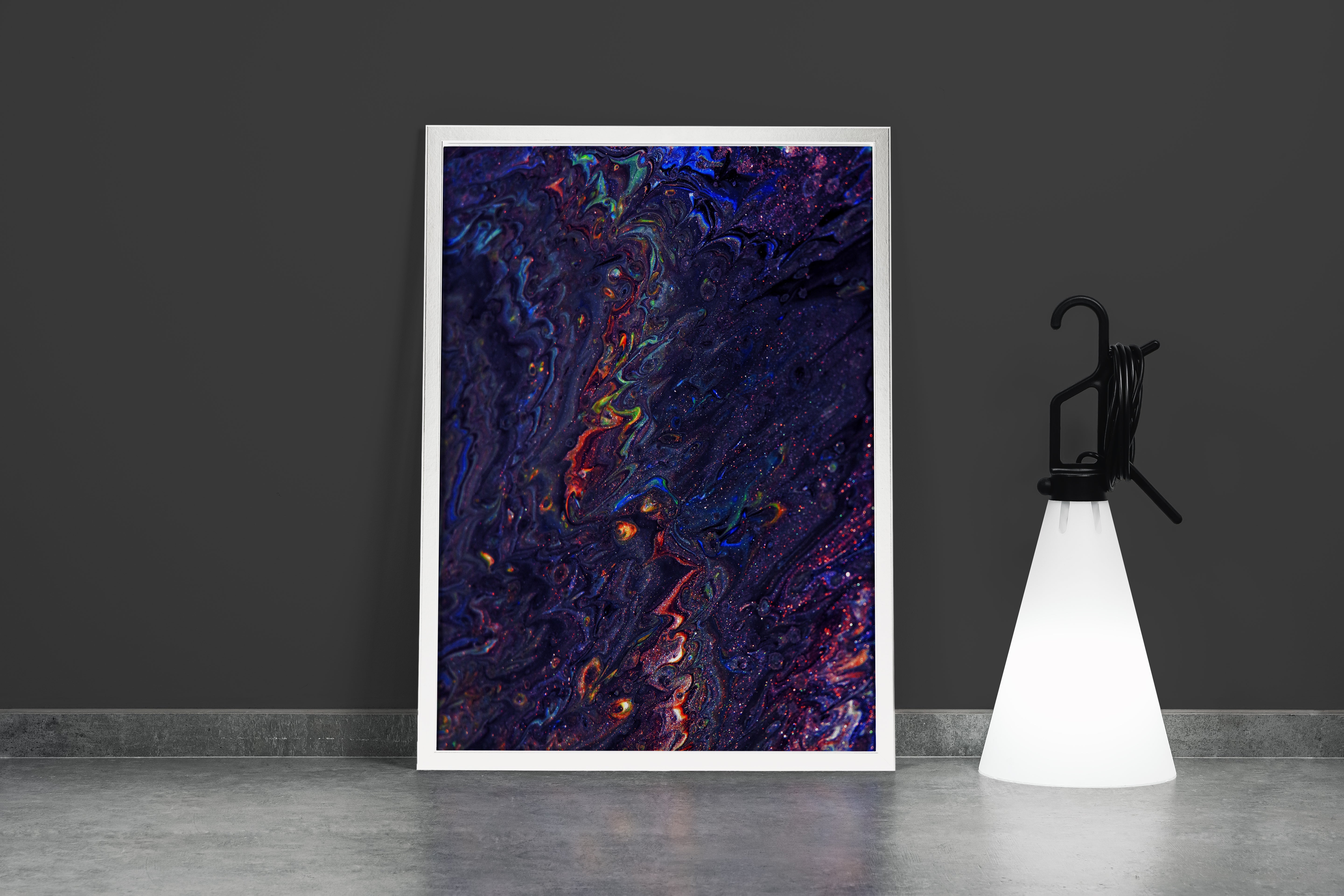 a dark, glittering abstract piece resembling a psychedelic journey through a colorful deep nebula, abstract, art, kanvas tablo