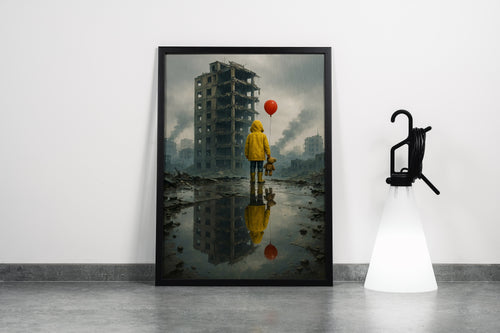 ai creation, a child left in an abandoned city with his balloon and teddy bear, ai art, art, kanvas tablo
