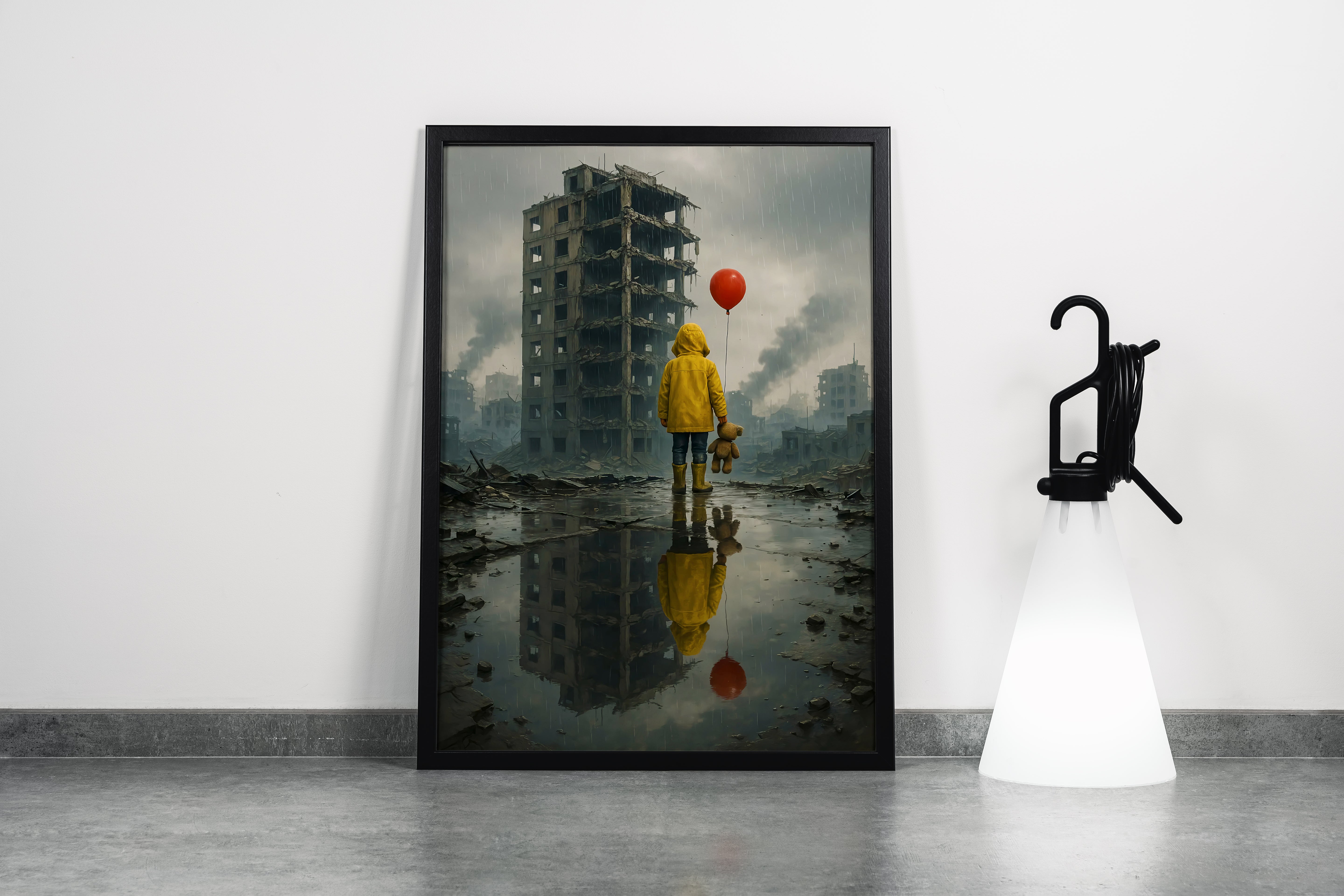 ai creation, a child left in an abandoned city with his balloon and teddy bear, ai art, art, kanvas tablo