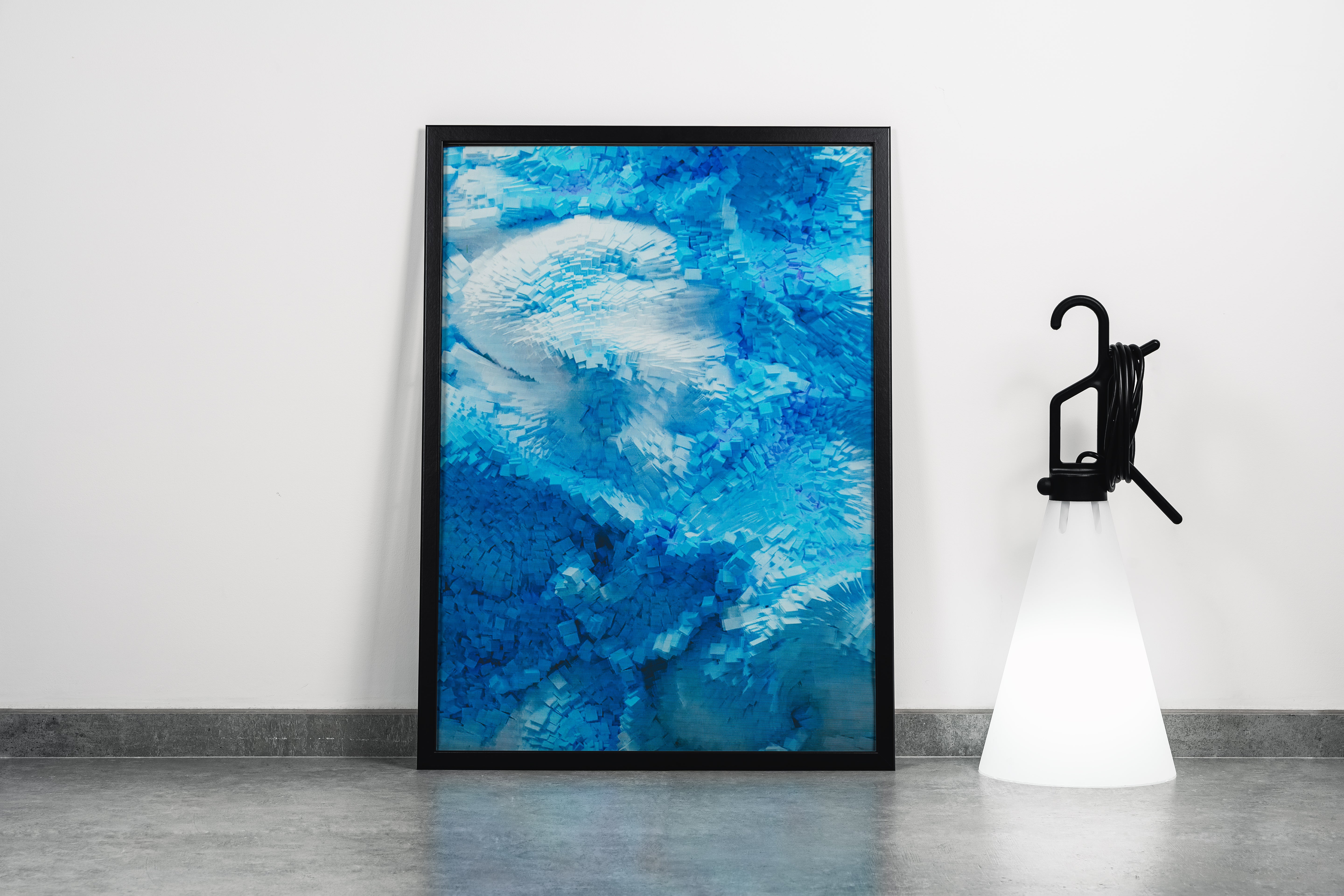 a digital abstract artwork showing an explosion of light blue three-dimensional pixel-like shapes, abstract, art, kanvas tablo