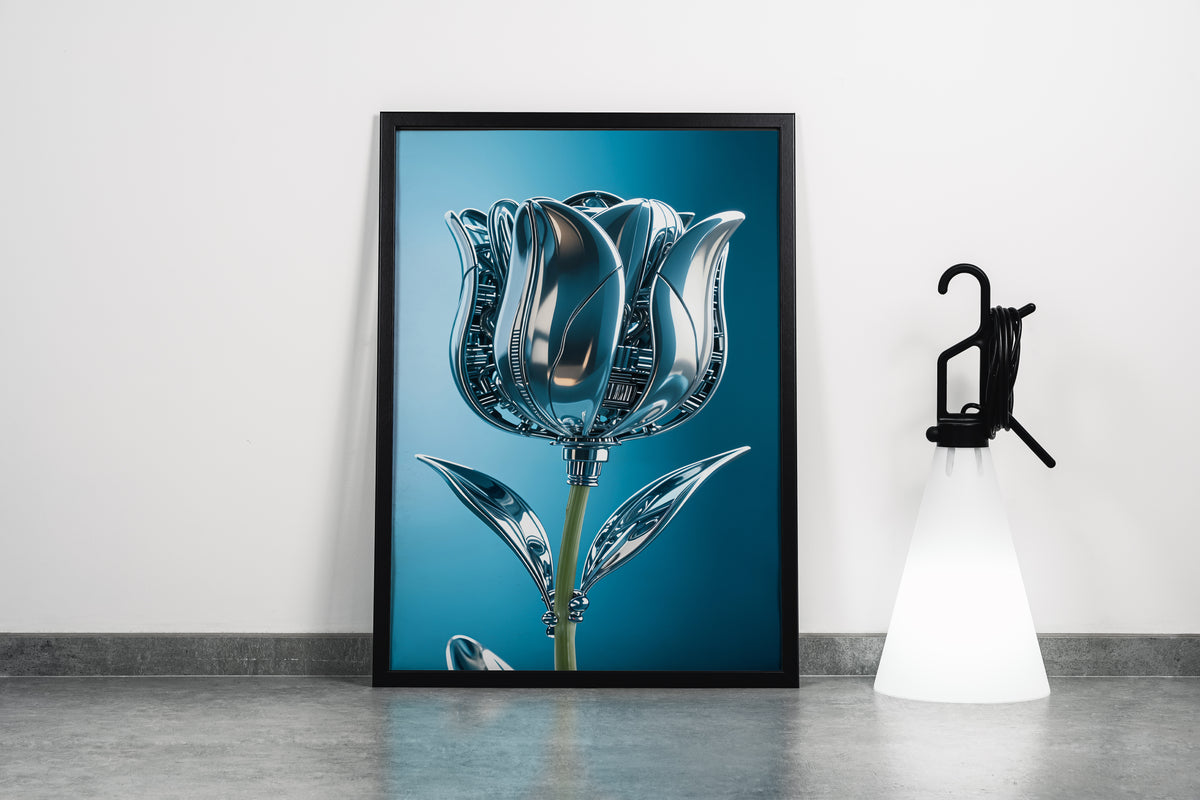 ai creation, the rose and its leaves are made of silver, in muted blue tones model 1, ai art, art, kanvas tablo