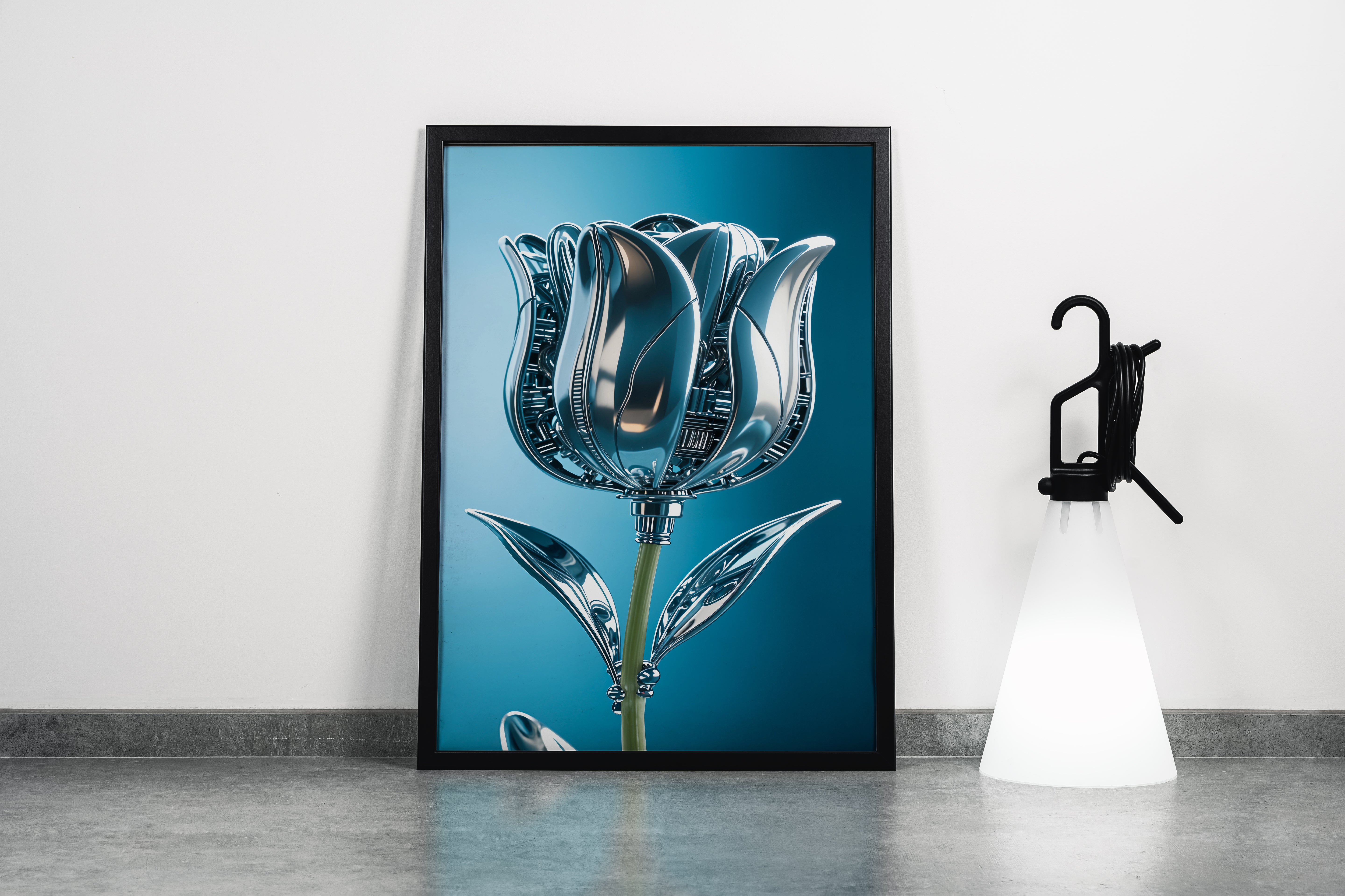 ai creation, the rose and its leaves are made of silver, in muted blue tones model 1, ai art, art, kanvas tablo