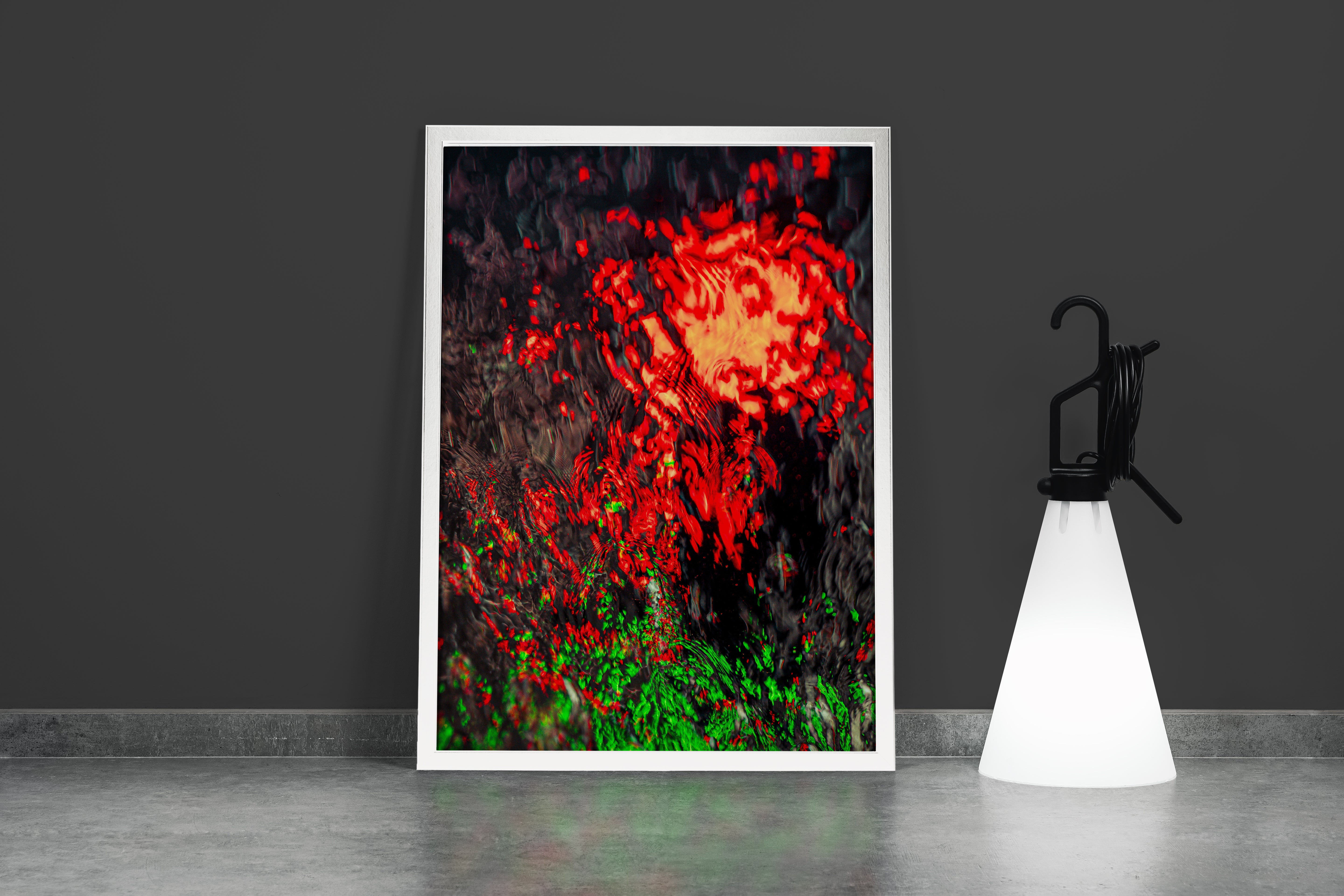 an abstract photo of bright red and green lights reflecting on dark, rippling water, abstract, art, kanvas tablo