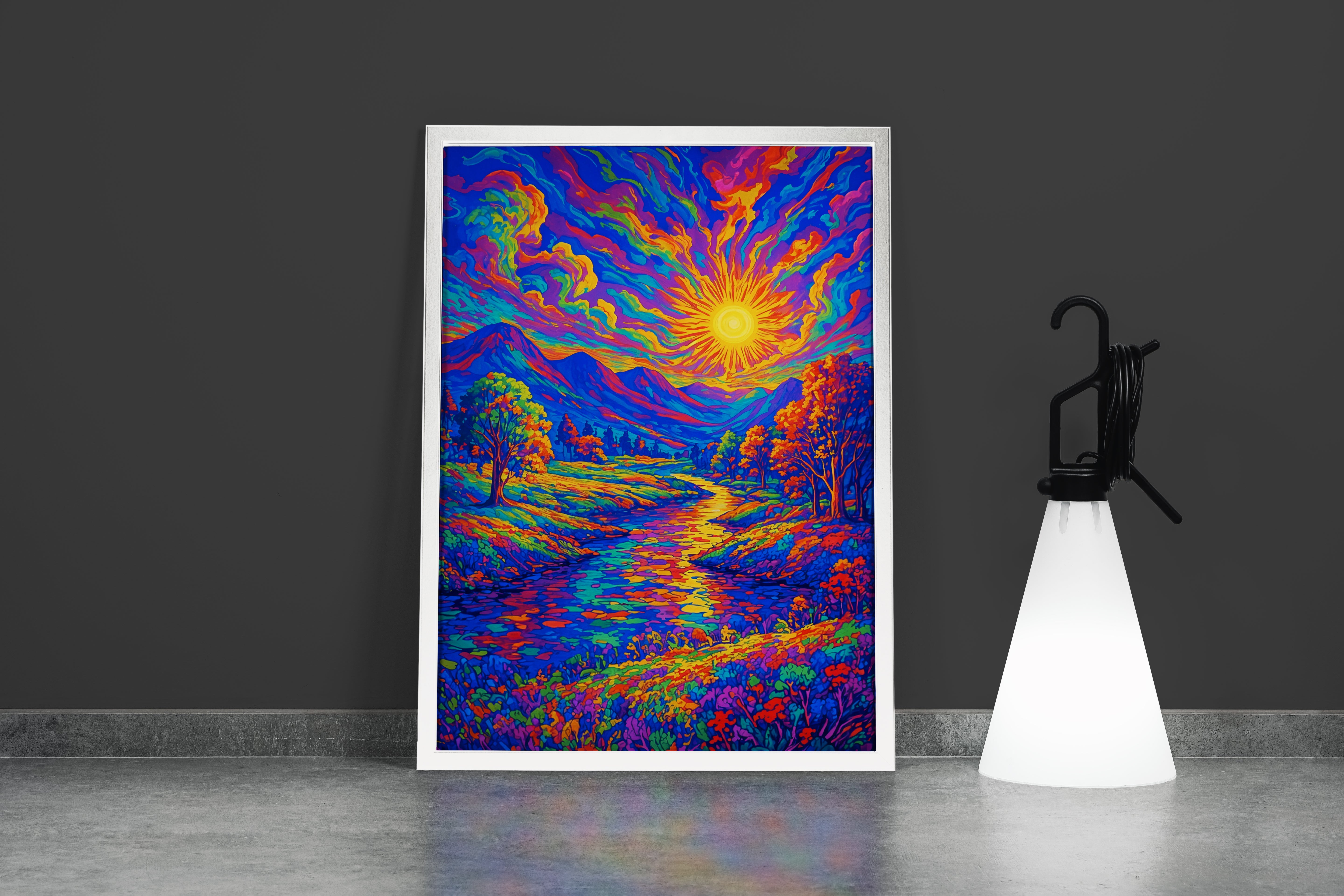 ai creation, multicolored sunrise view among the mountains, ai art, art, kanvas tablo