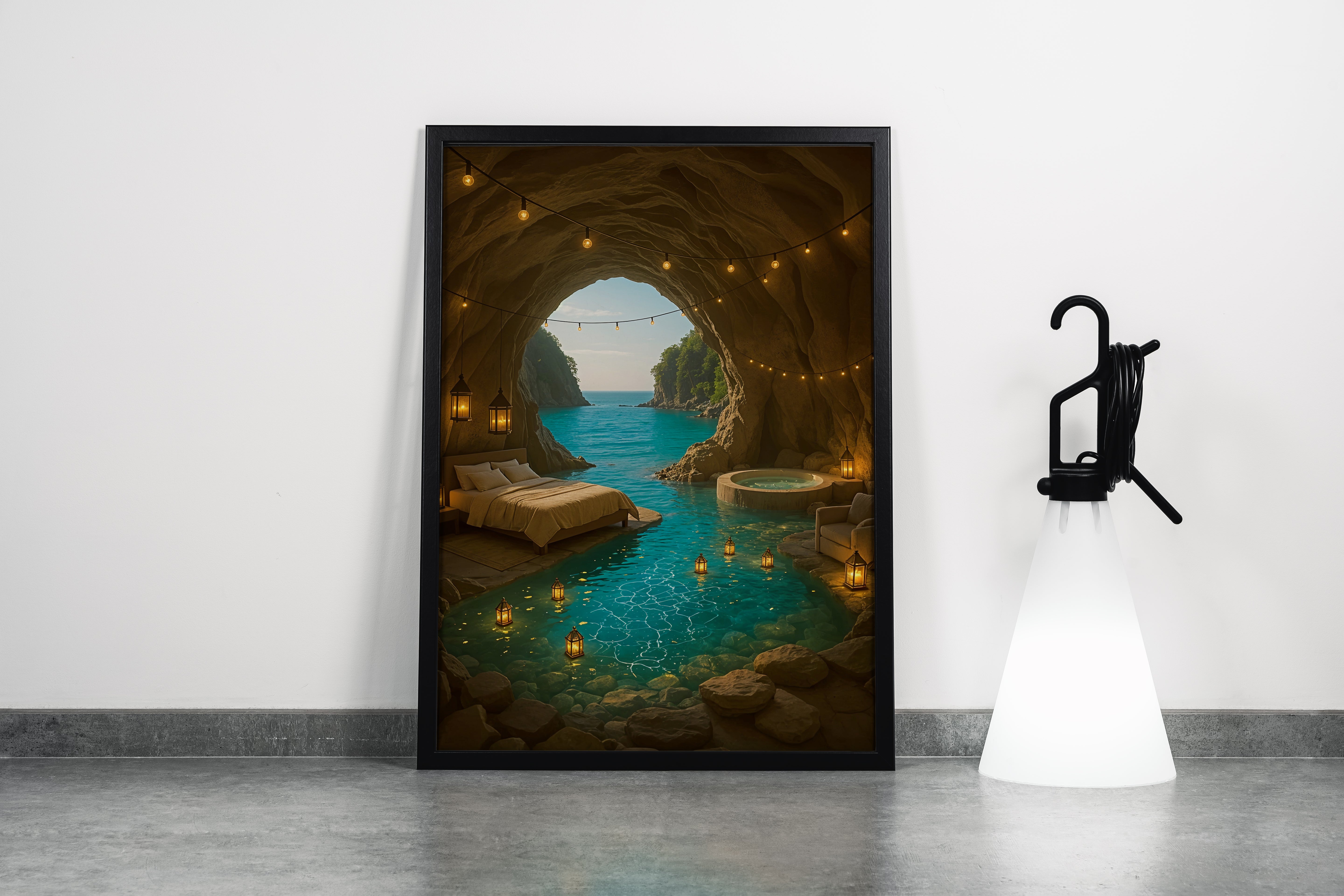 ai creation, hotel room inside the cave and sea view model 2, ai art, art, kanvas tablo