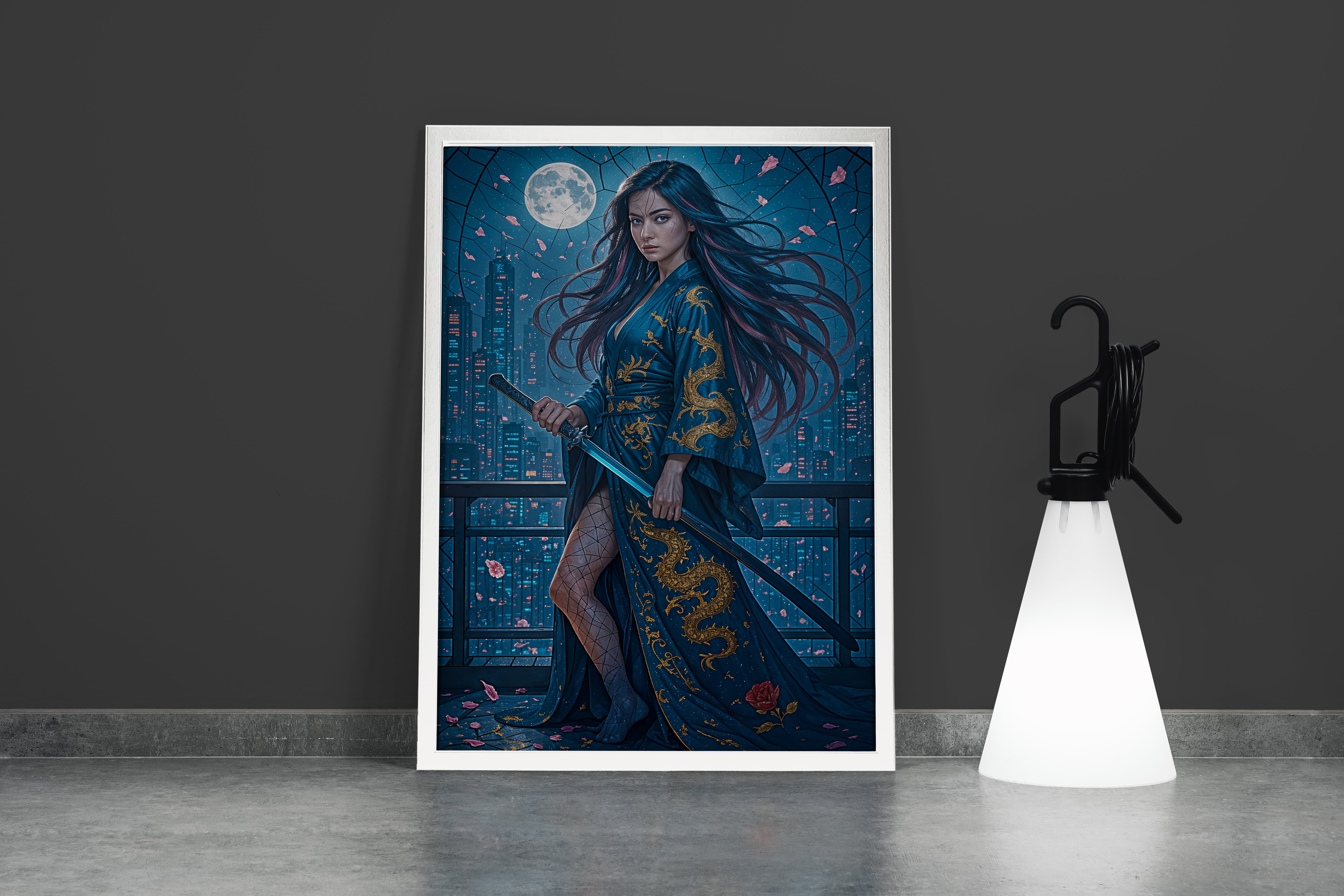 ai creation, asian female warrior in the moonlight, ai art, art, kanvas tablo