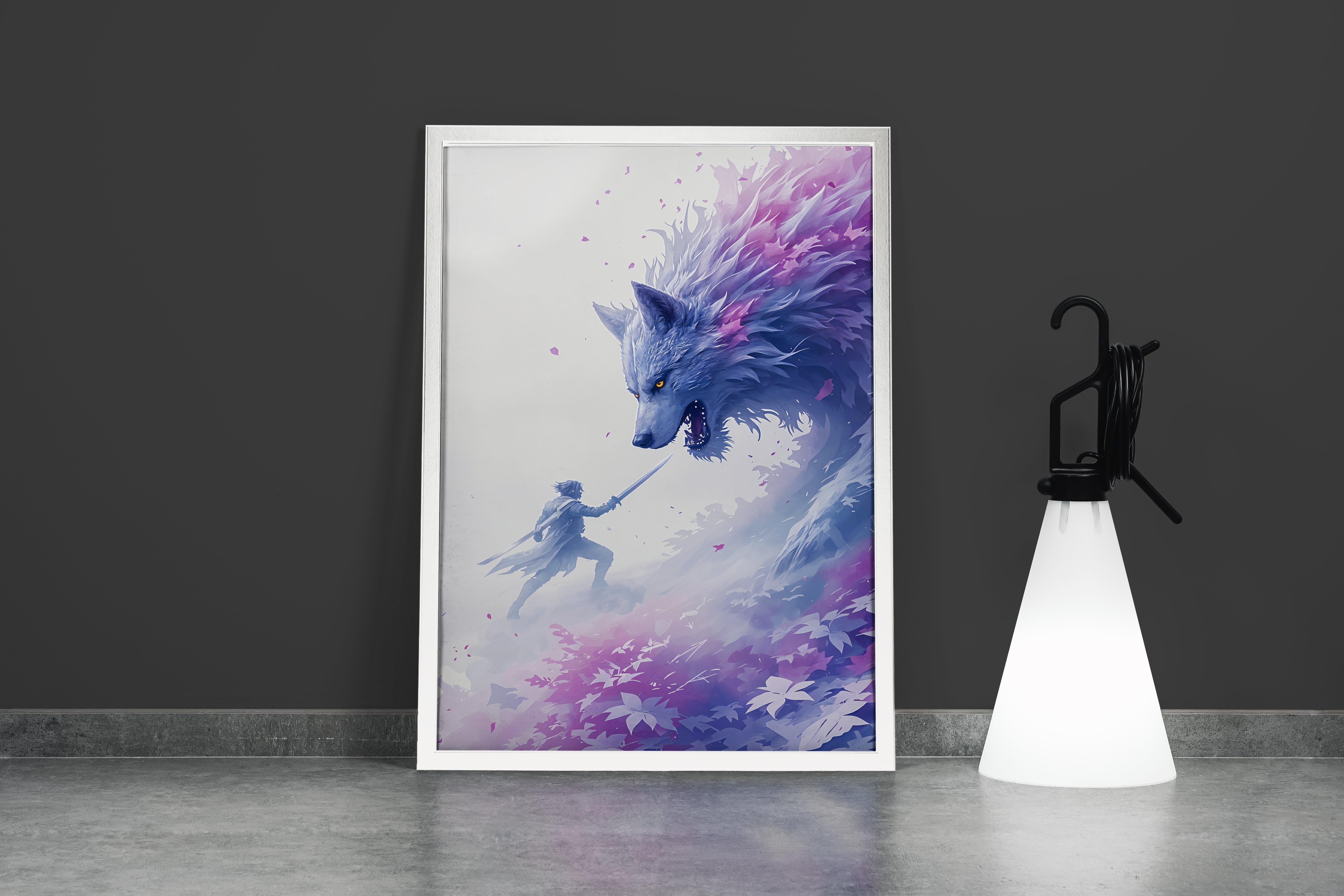 ai creation, swordsman vs wolf, pet, ai art, art, kanvas tablo