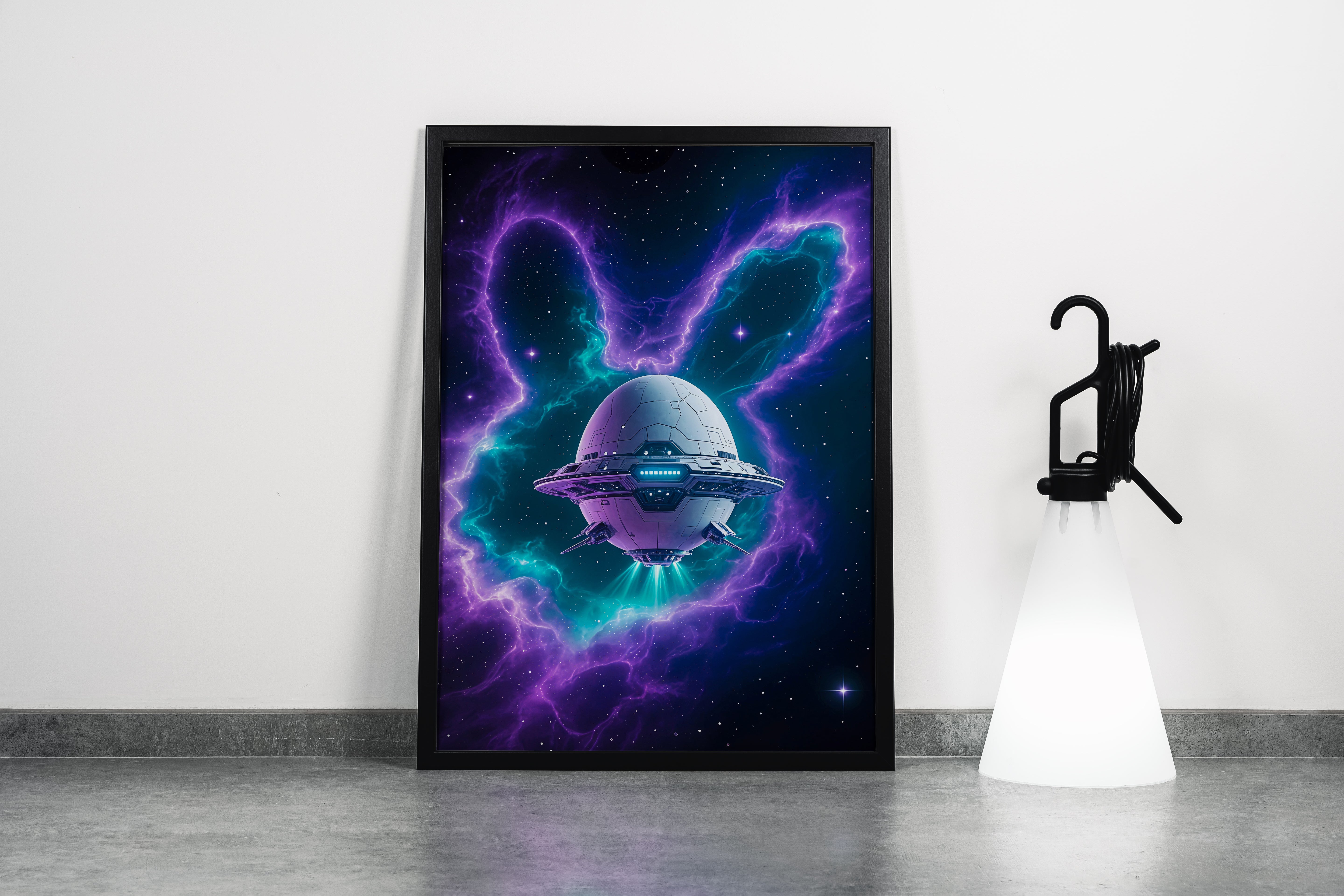 ai creation, rabbit and ship in space, ai art, art, kanvas tablo