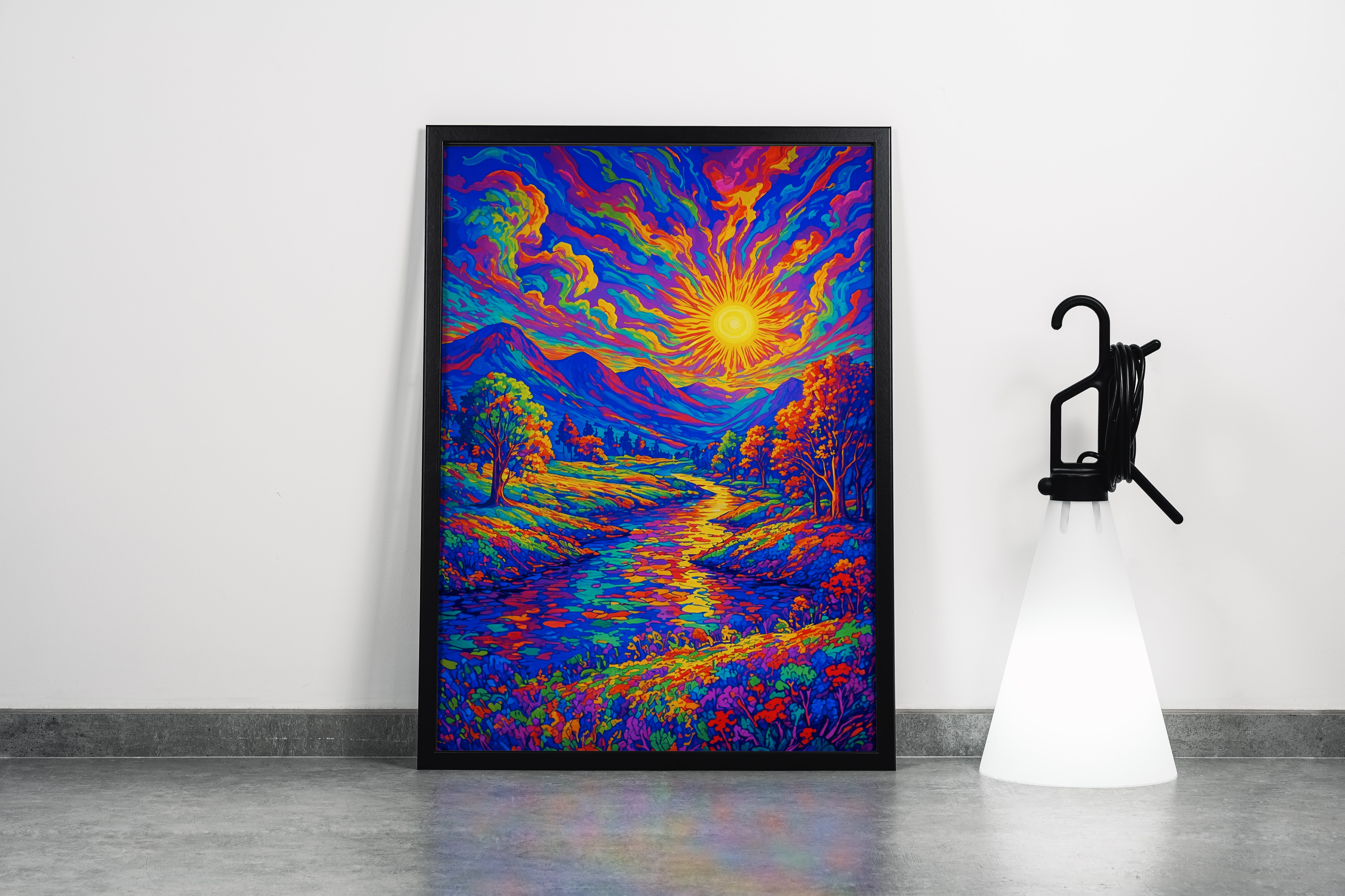 ai creation, multicolored sunrise view among the mountains, ai art, art, kanvas tablo