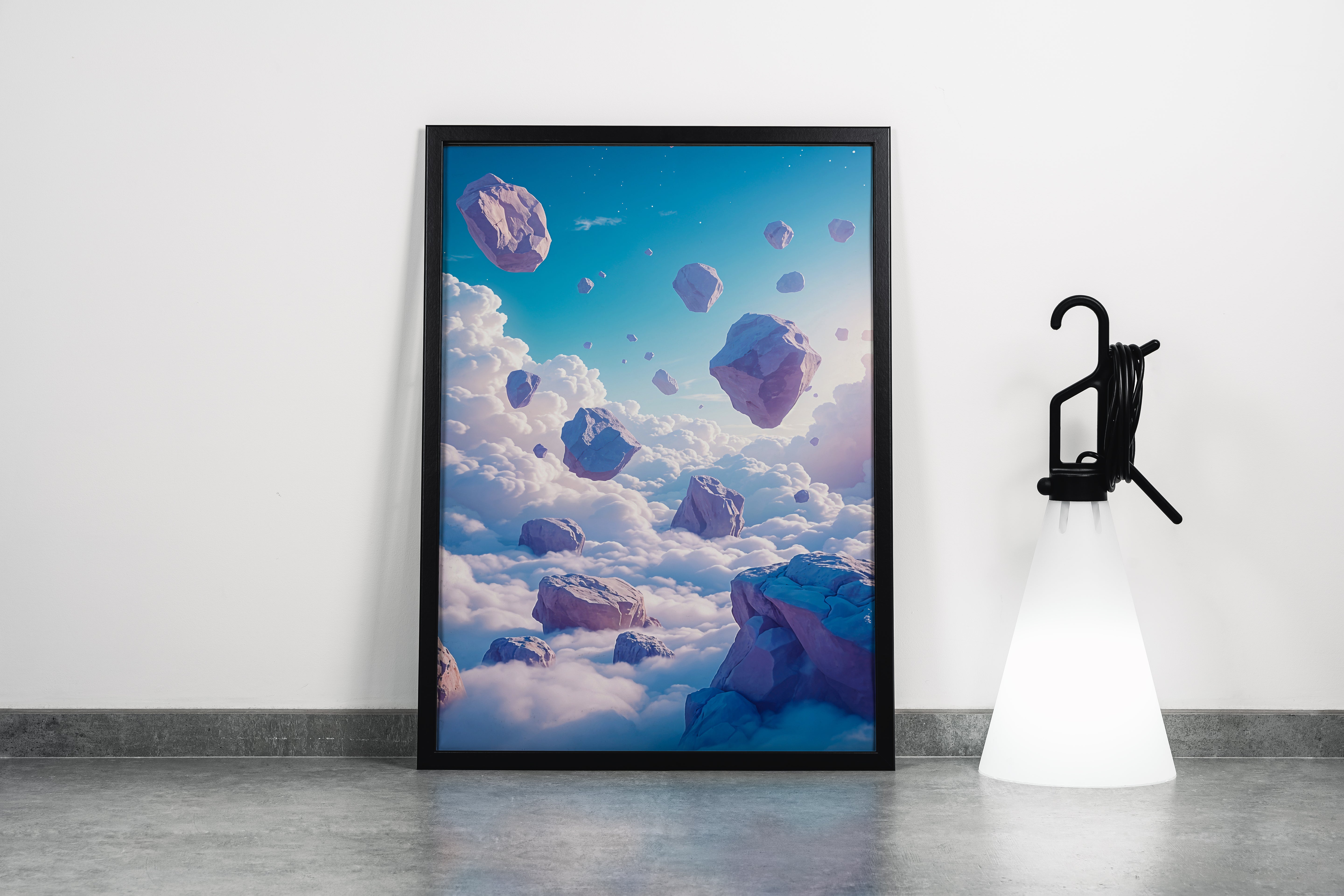 ai creation, large rock pieces flying above the clouds, ai art, art, kanvas tablo
