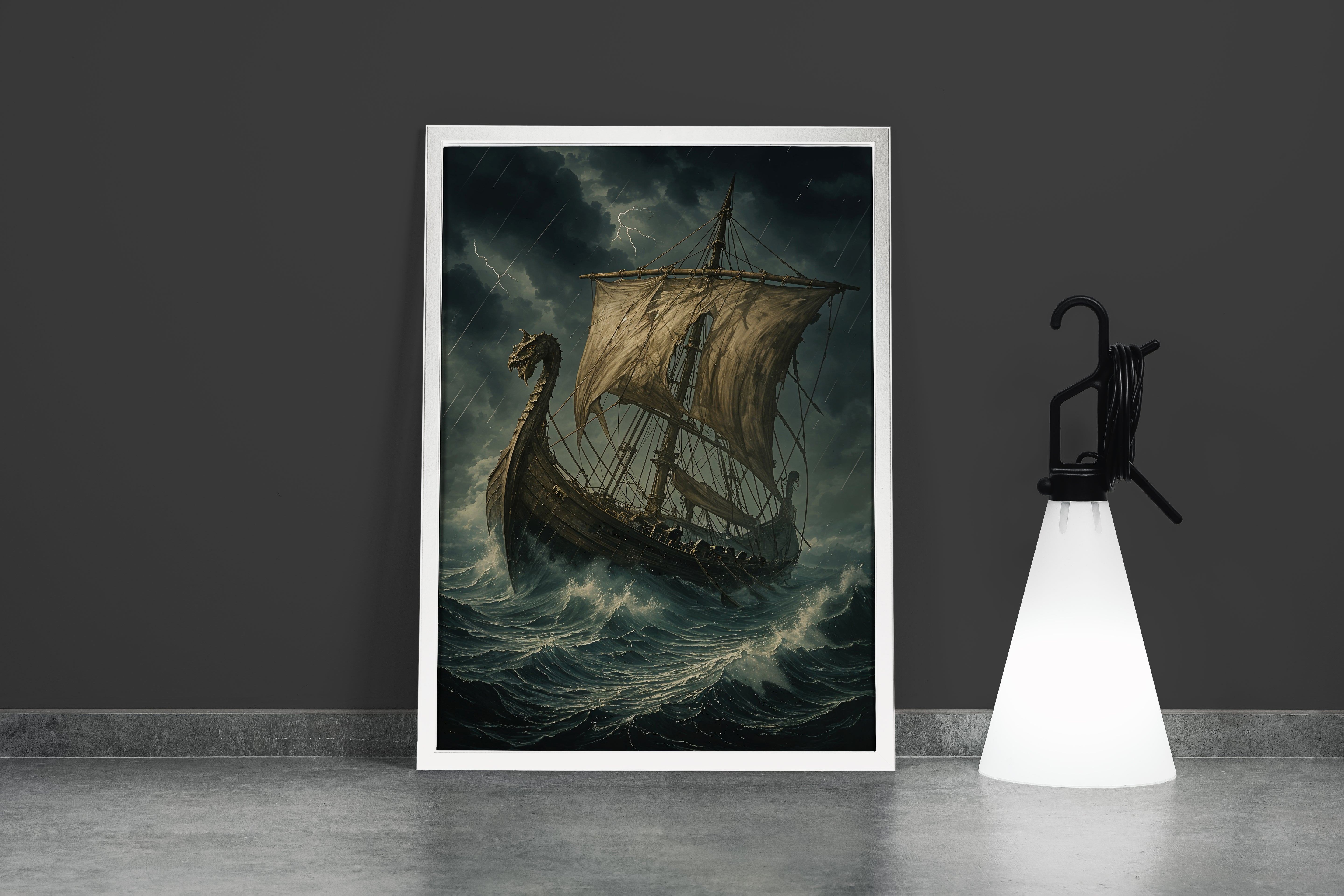 ai creation, a ship caught between giant waves and storm, ai art, art, kanvas tablo