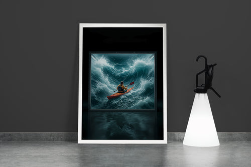ai creation, kayaker battling huge stormy waves, coming out of a screen, ai art, art, kanvas tablo