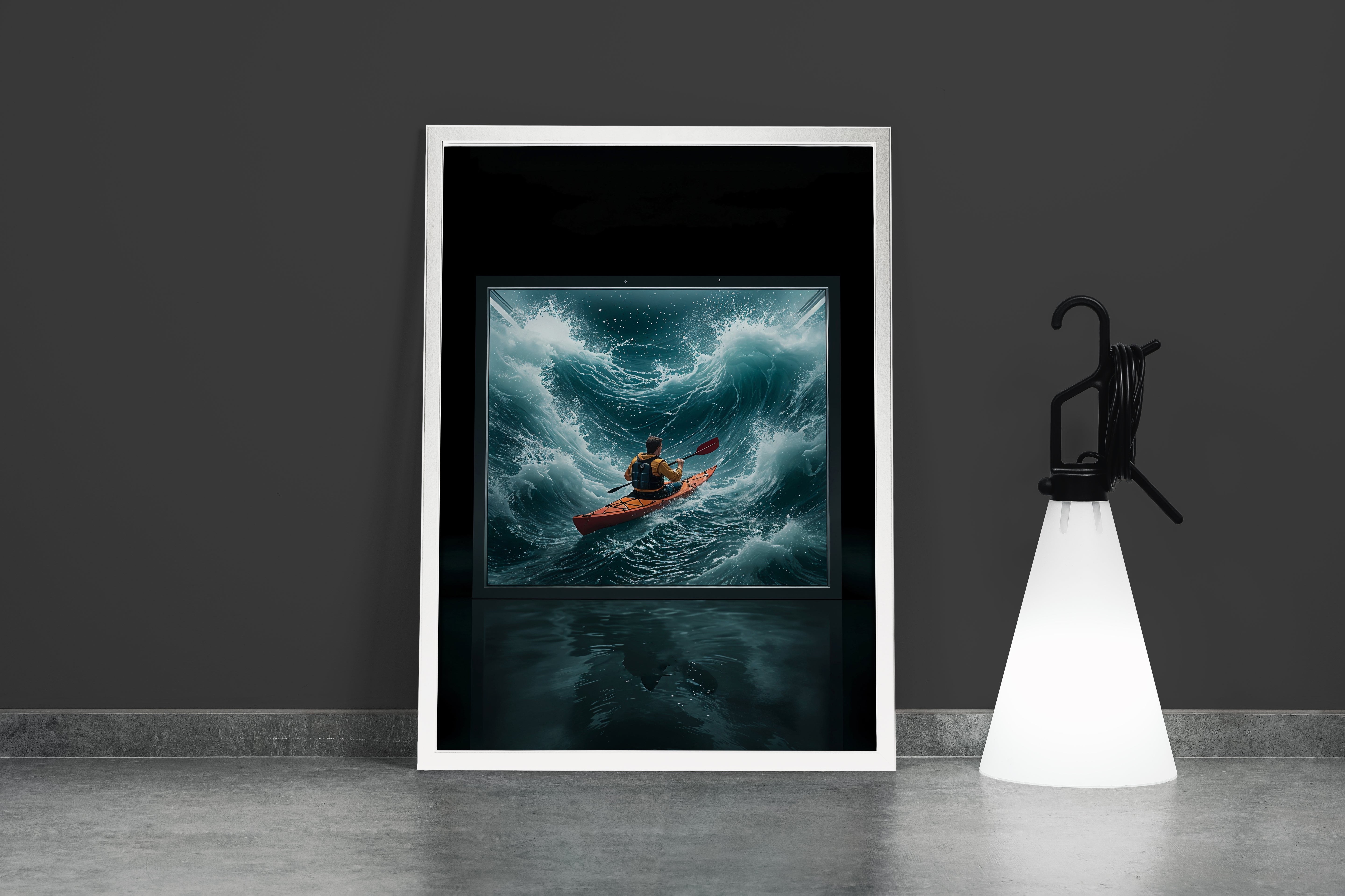 ai creation, kayaker battling huge stormy waves, coming out of a screen, ai art, art, kanvas tablo