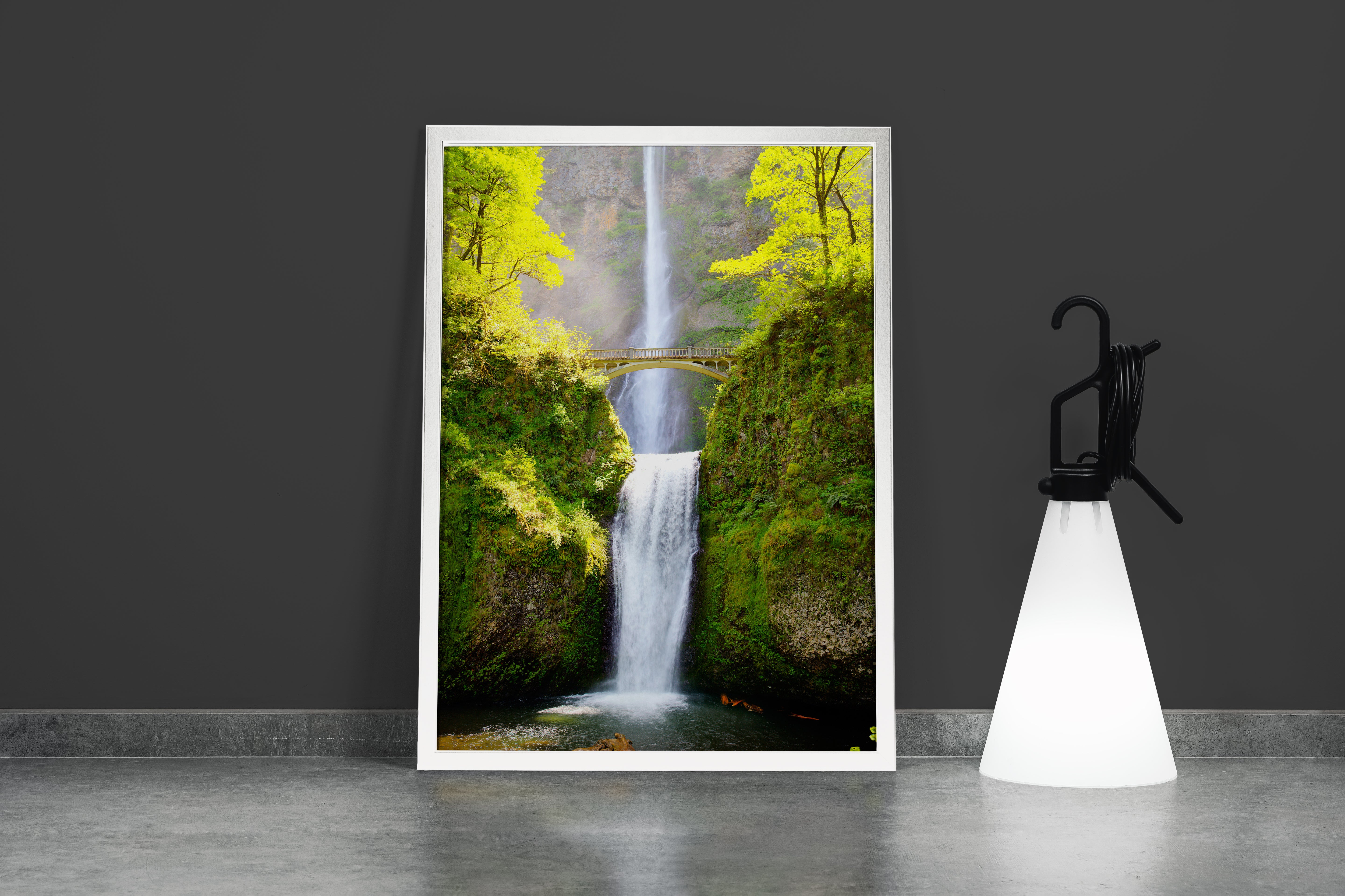 the famous multnomah falls, a tall two-tiered waterfall with a bridge, art, kanvas tablo