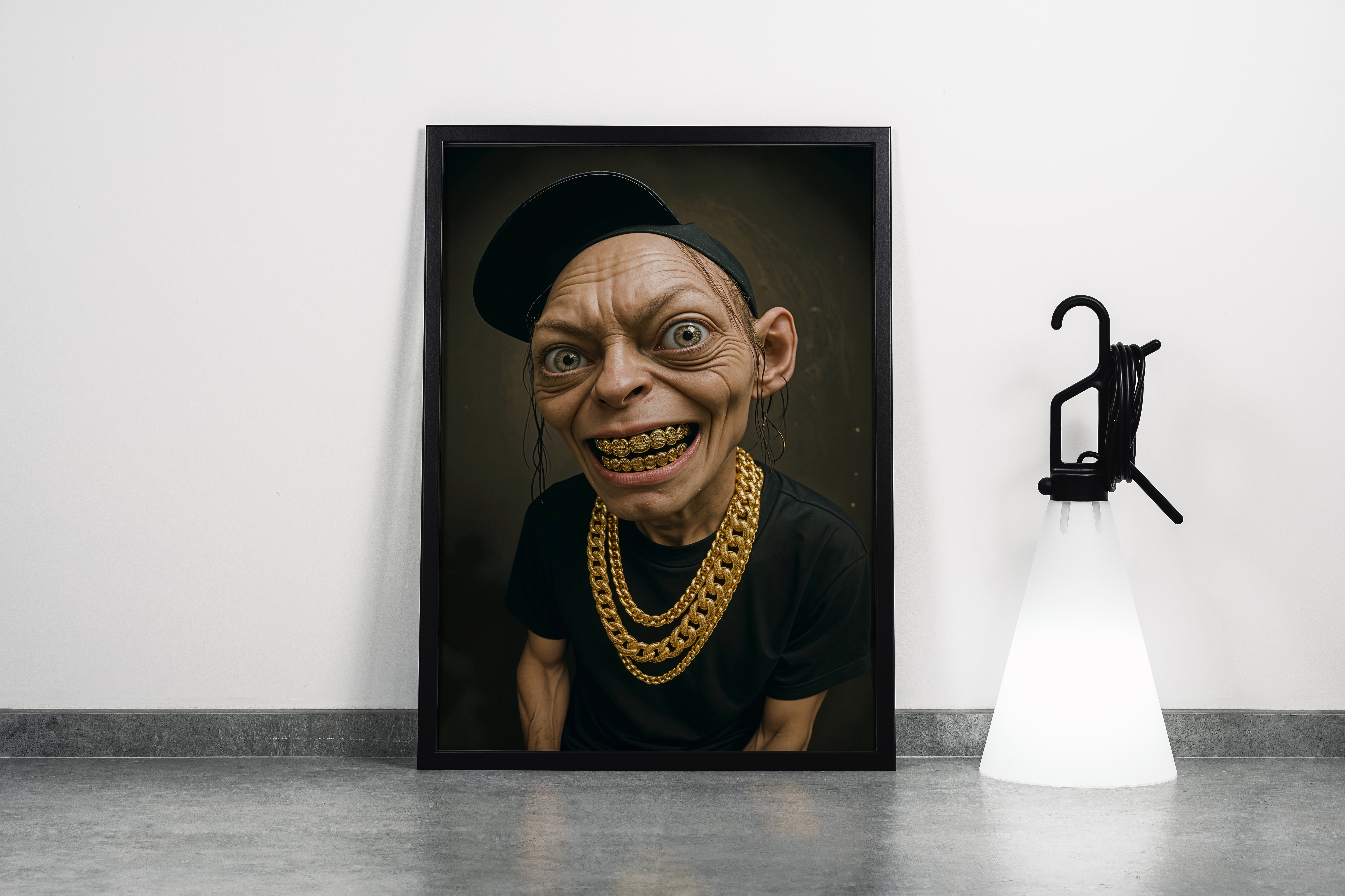 ai creation, psycho gollum and his necklaces, art, kanvas tablo