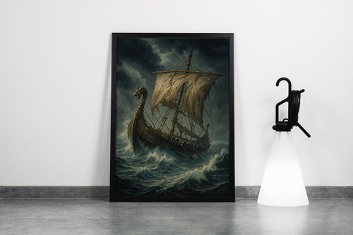 ai creation, a ship caught between giant waves and storm, ai art, art, kanvas tablo