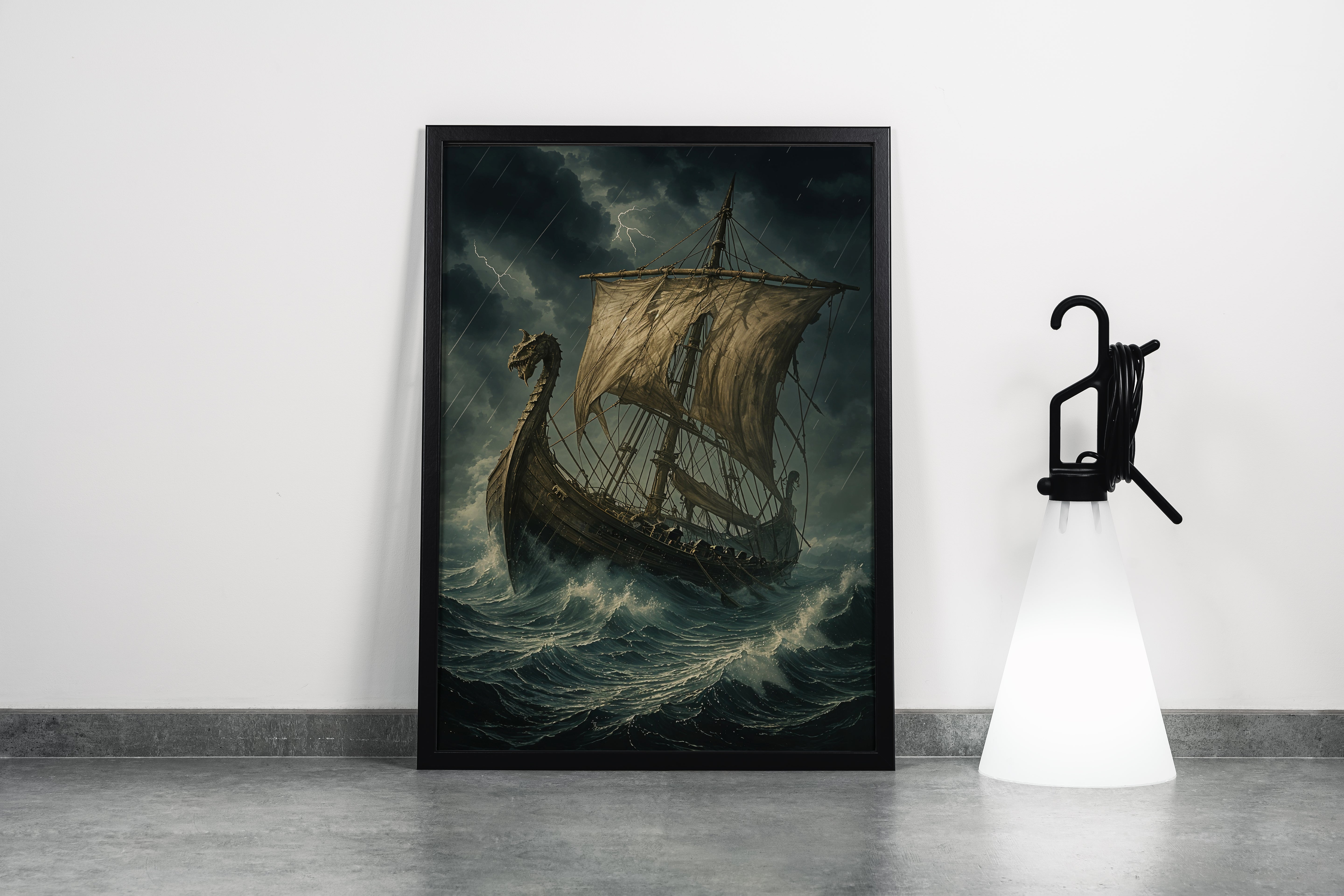 ai creation, a ship caught between giant waves and storm, ai art, art, kanvas tablo