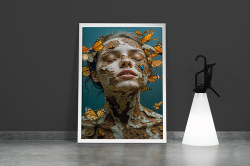 ai creation, a surreal portrait of a woman, her cracking skin releasing monarch butterflies, ai art, art, kanvas tablo