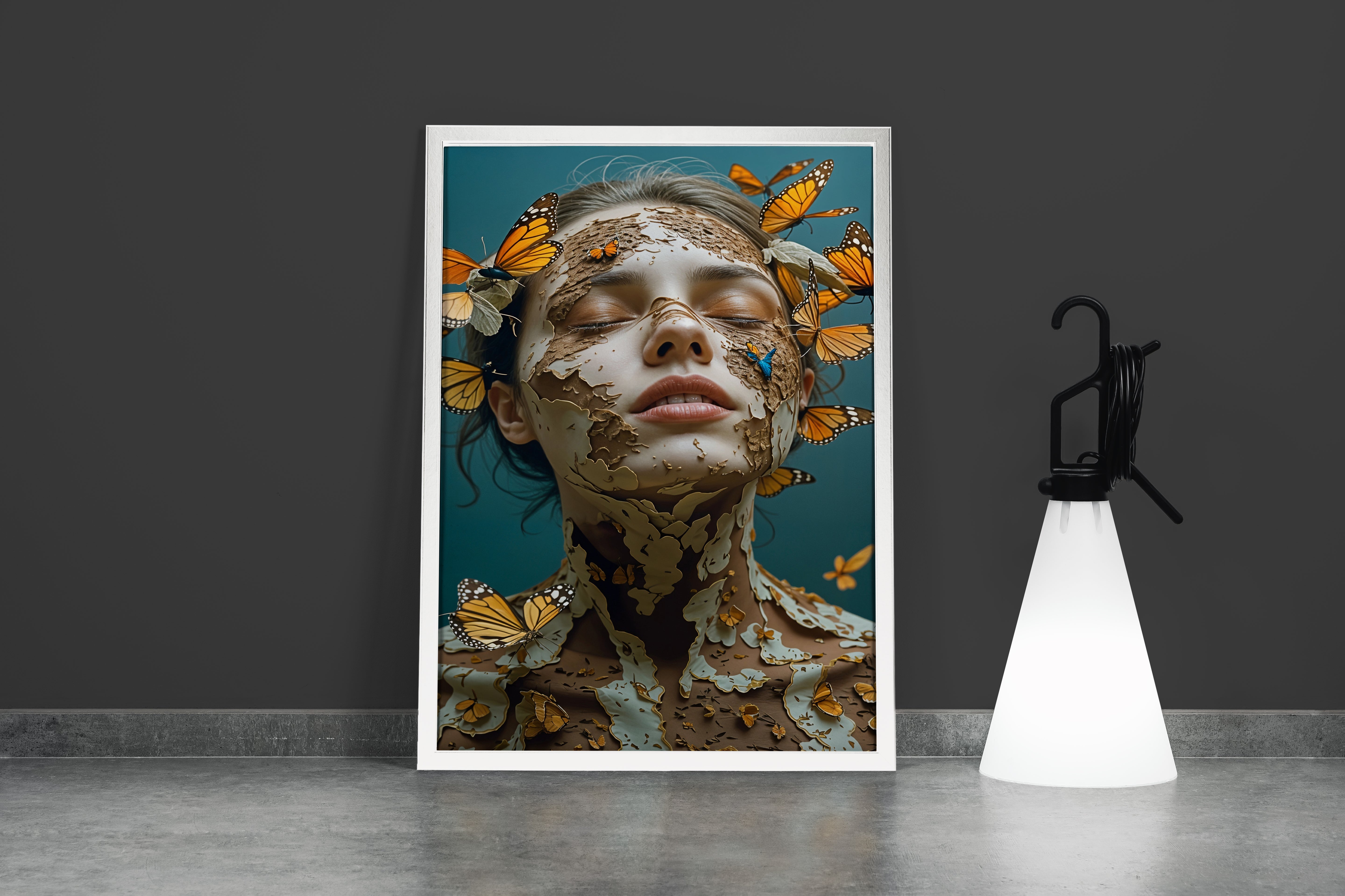 ai creation, a surreal portrait of a woman, her cracking skin releasing monarch butterflies, ai art, art, kanvas tablo