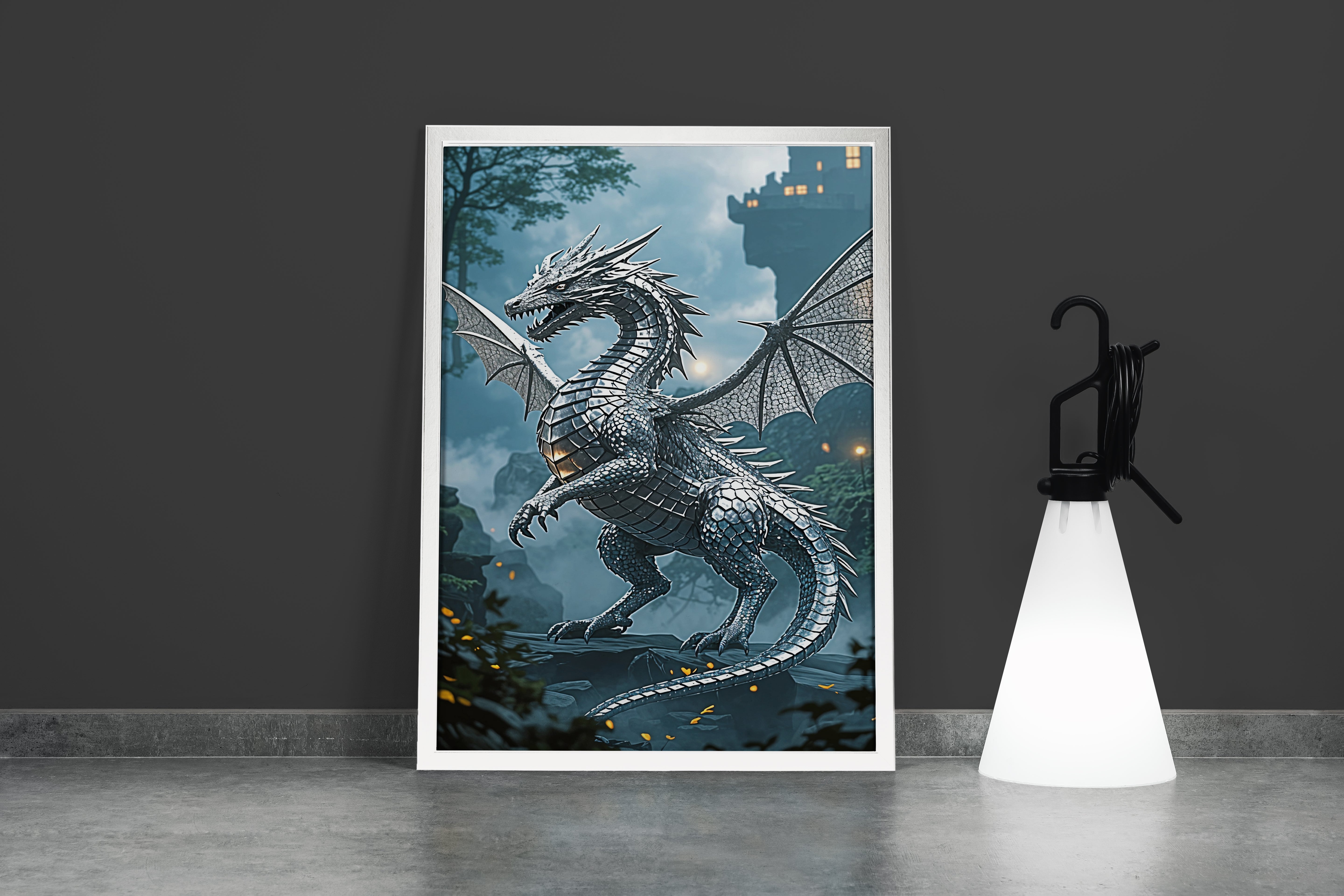 ai creation, silver plated dragon, dark themed, ai art, art, kanvas tablo